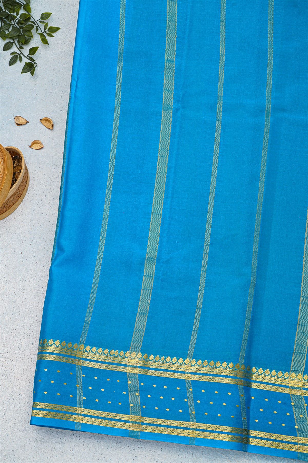 Mysore Crepe Sage Green Saree With Florals And Buttis Border