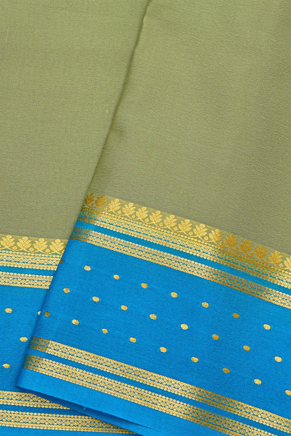 Mysore Crepe Sage Green Saree With Florals And Buttis Border