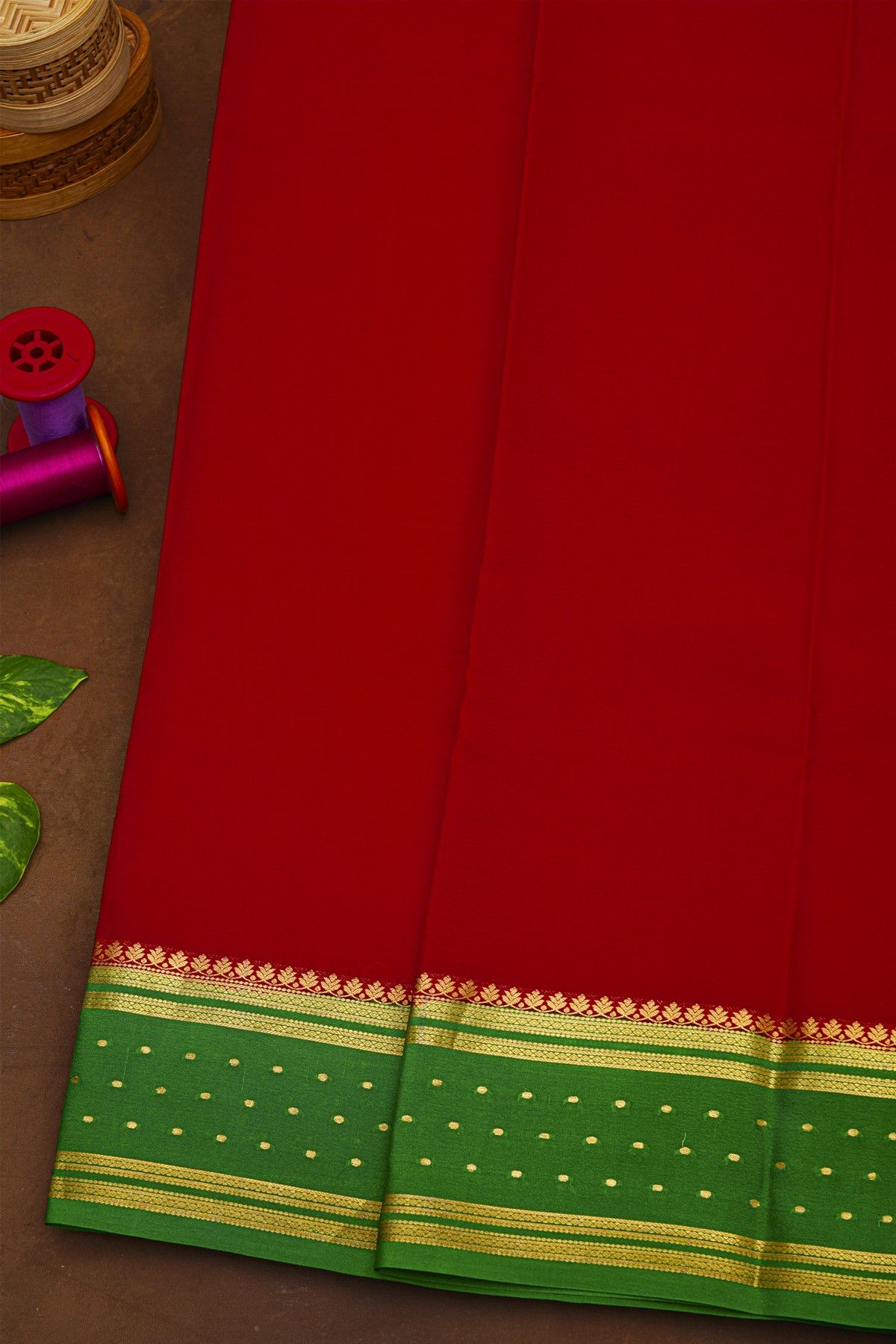 Mysore Crepe Red Saree With Florals And Buttis Border