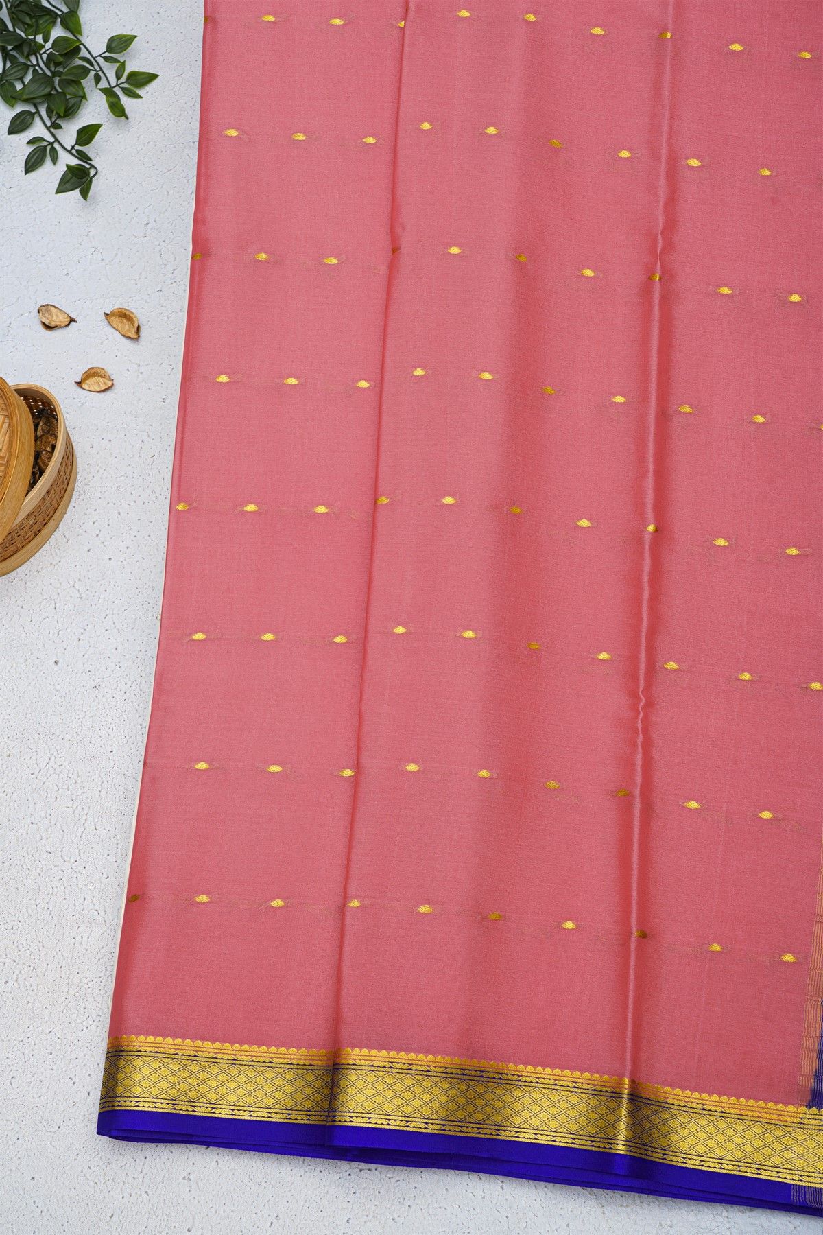 Mysore Crepe Peach Pink Saree With Florals And Buttis Border