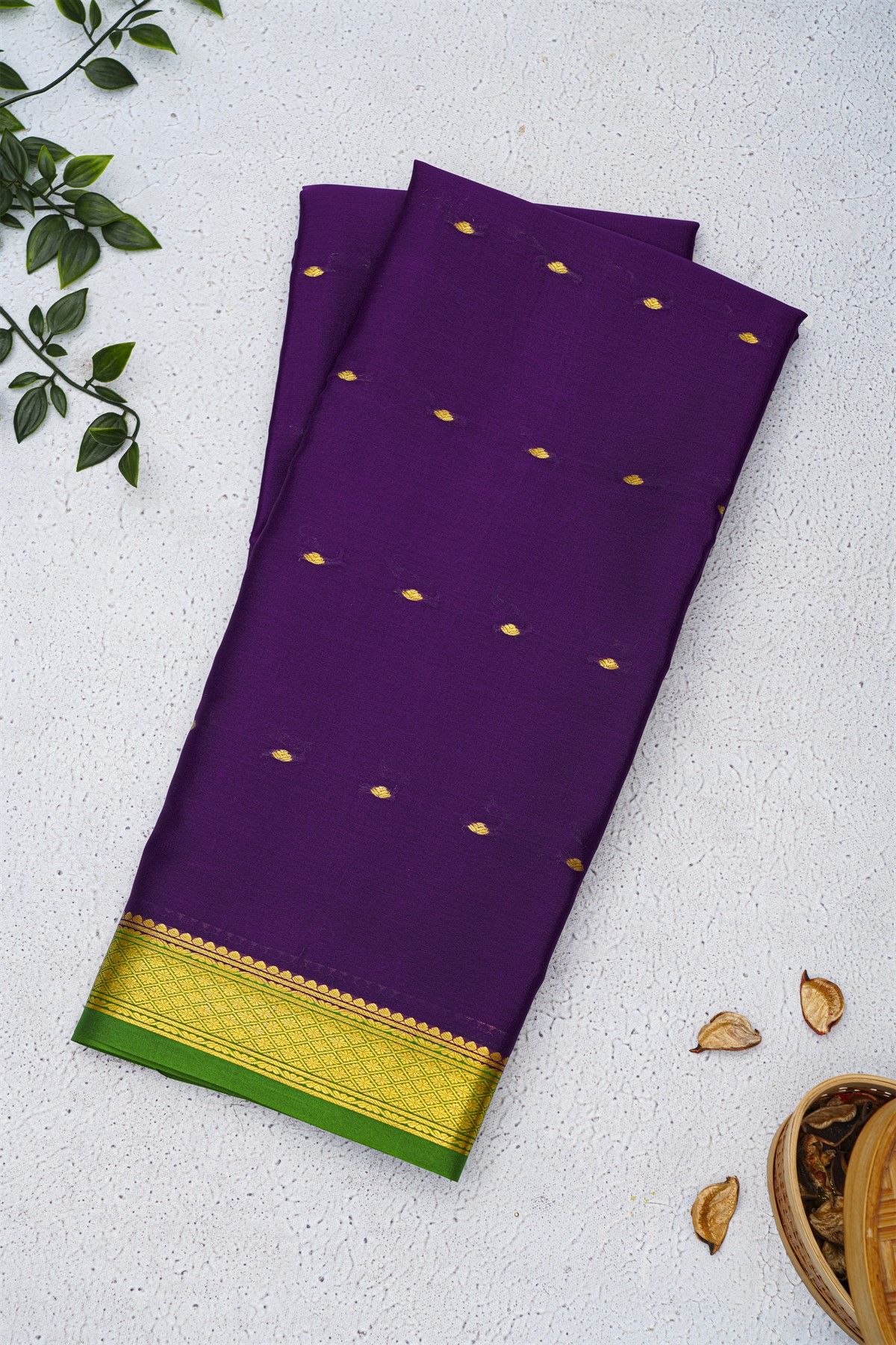 Mysore Crepe Violet Saree With Florals And Buttis Body