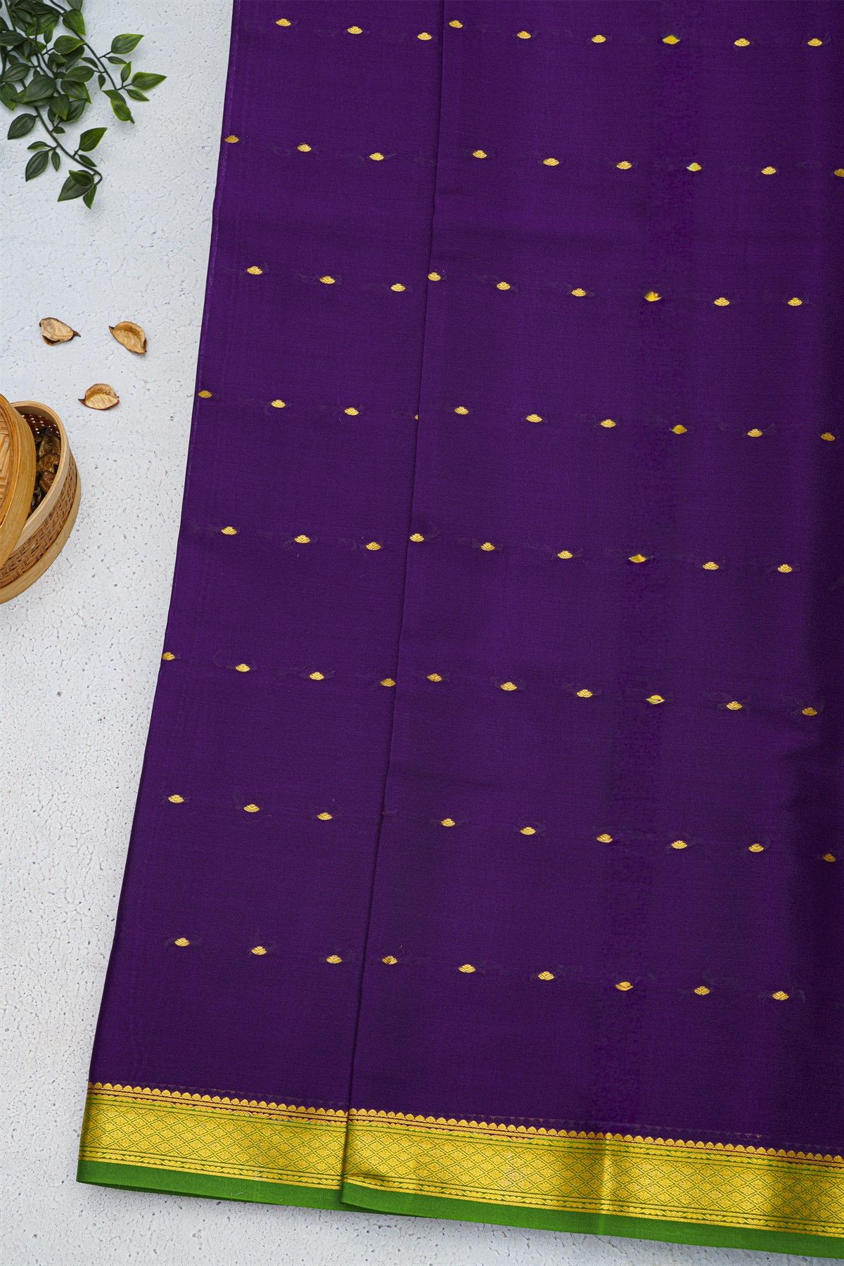 Mysore Crepe Violet Saree With Florals And Buttis Body
