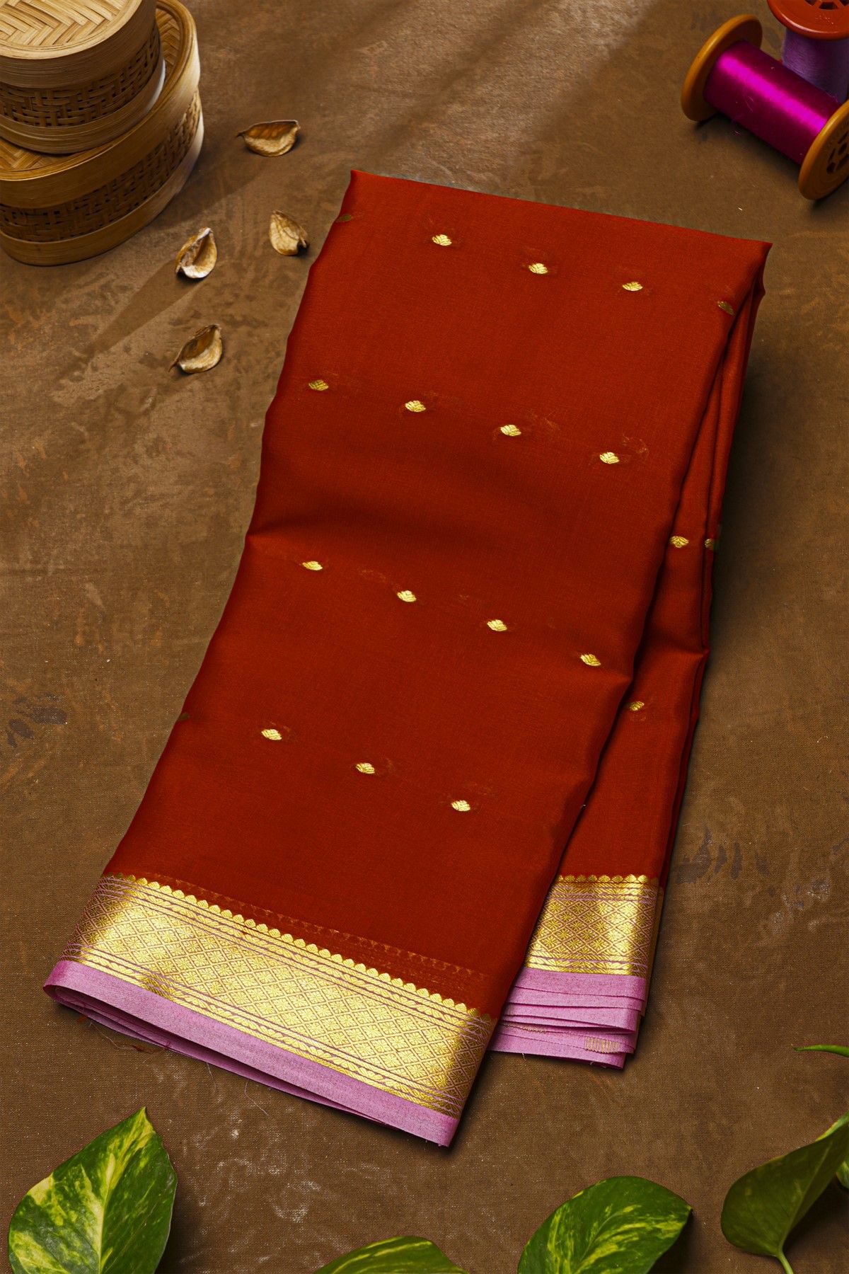 Mysore Crepe Brick Red Saree With Florals In Diamonds Zari Border