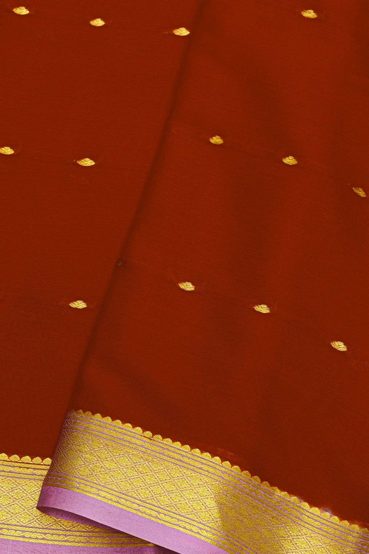 Mysore Crepe Brick Red Saree With Florals In Diamonds Zari Border