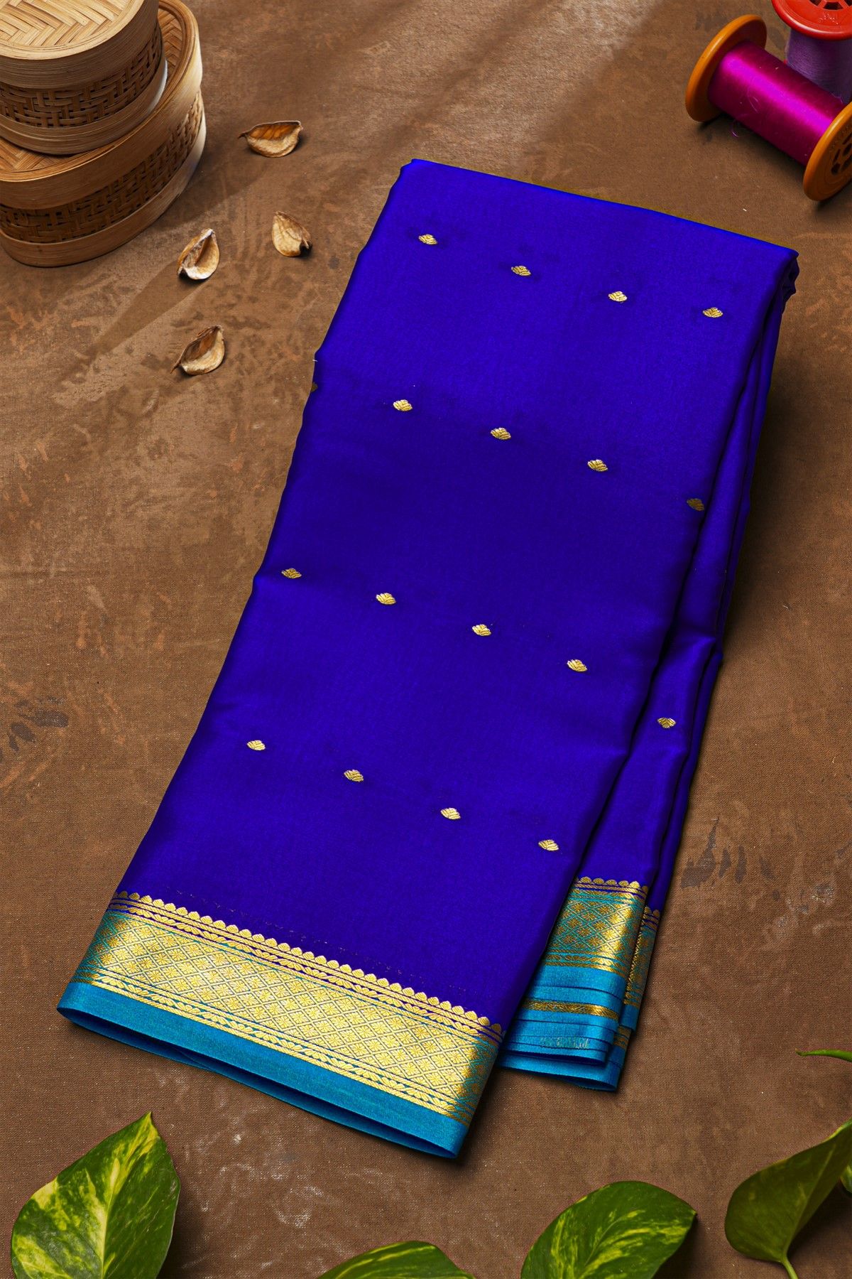 Mysore Crepe Royal Blue Saree With Florals In Diamonds Zari Border