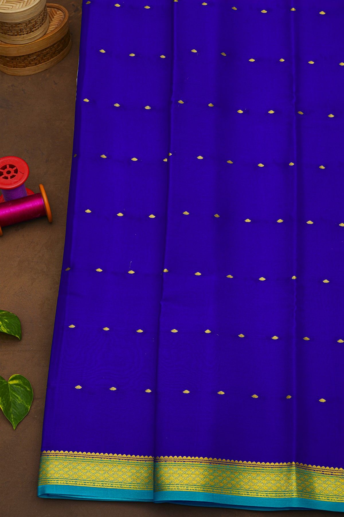 Mysore Crepe Royal Blue Saree With Florals In Diamonds Zari Border