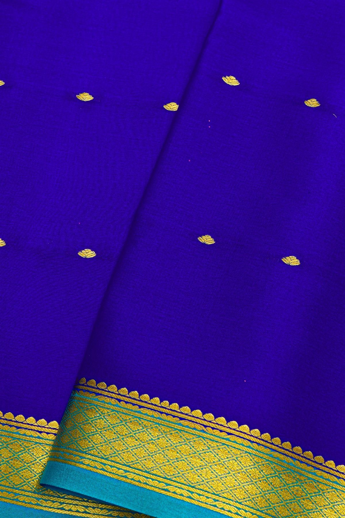 Mysore Crepe Royal Blue Saree With Florals In Diamonds Zari Border