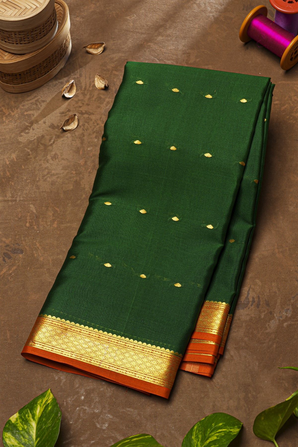 Mysore Crepe Bottle Green Saree With Florals In Diamonds Zari Border