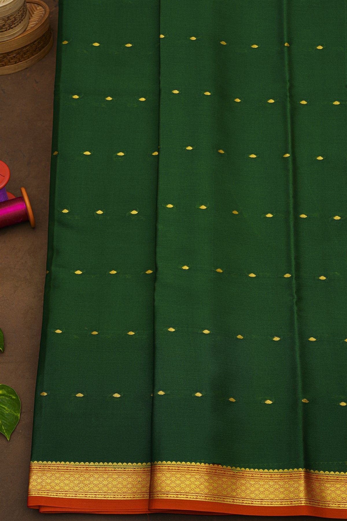 Mysore Crepe Bottle Green Saree With Florals In Diamonds Zari Border