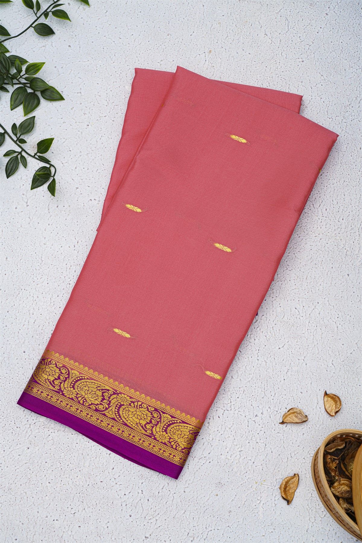 Mysore Crepe Baby Pink Saree With Florals And Buttis Body