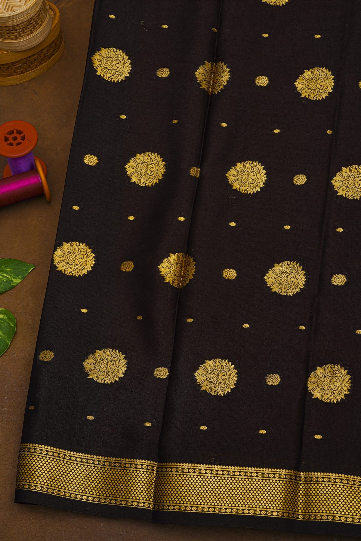 Mysore Crepe Rust Orange Saree With Florals And Buttis In Zari Border
