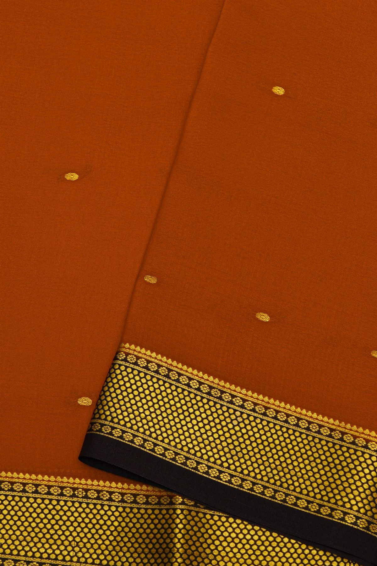 Mysore Crepe Rust Orange Saree With Florals And Buttis In Zari Border