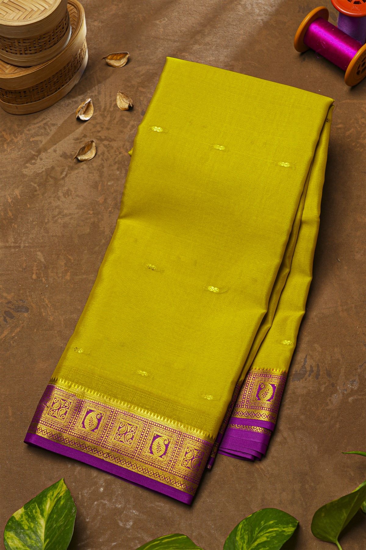 Mysore Crepe Lime Green Saree With Paisley And Florals Border
