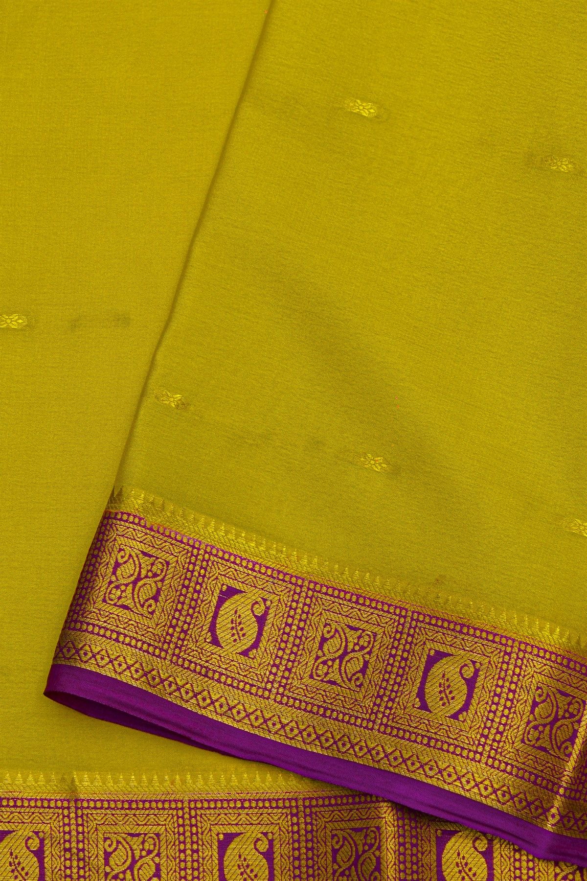 Mysore Crepe Lime Green Saree With Paisley And Florals Border