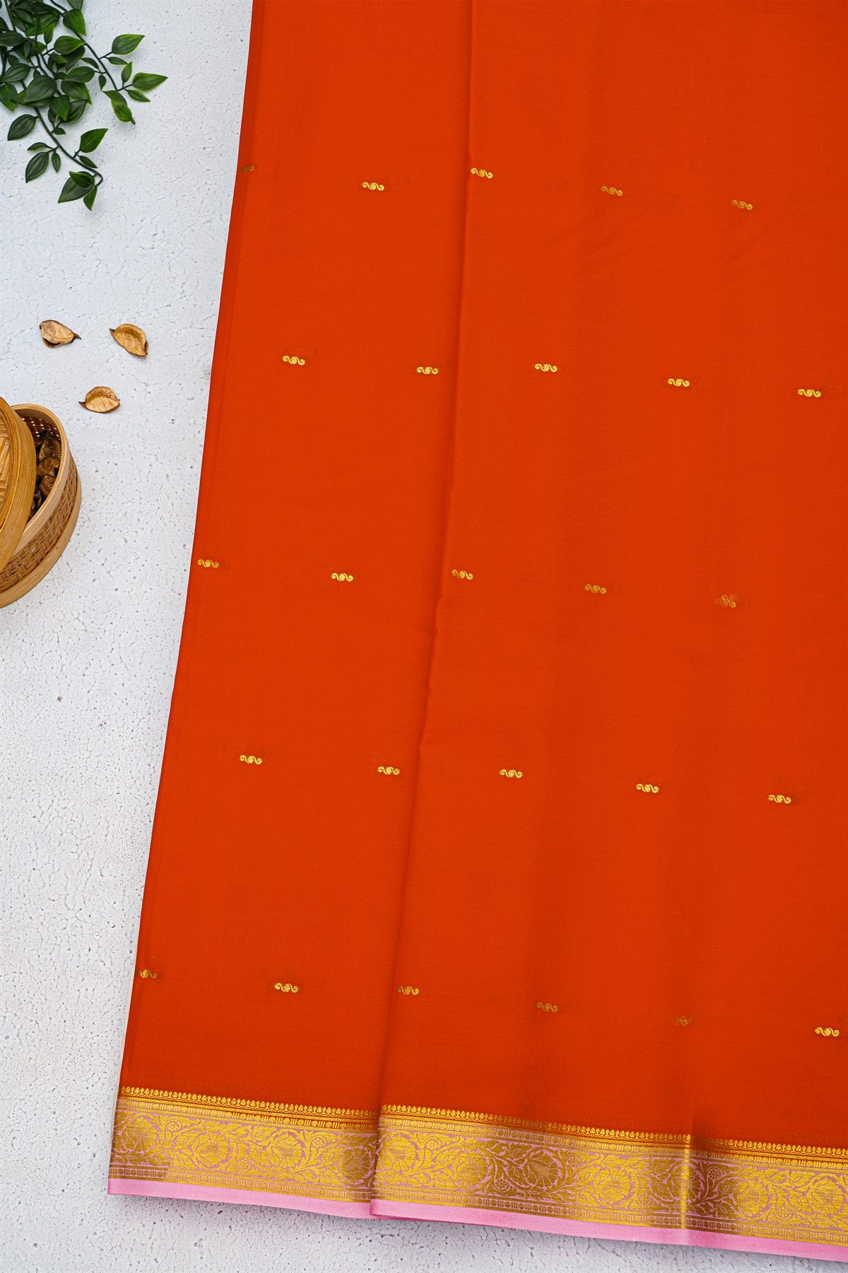 Mysore Crepe Orange Saree With Florals And Leaves Jaal Border
