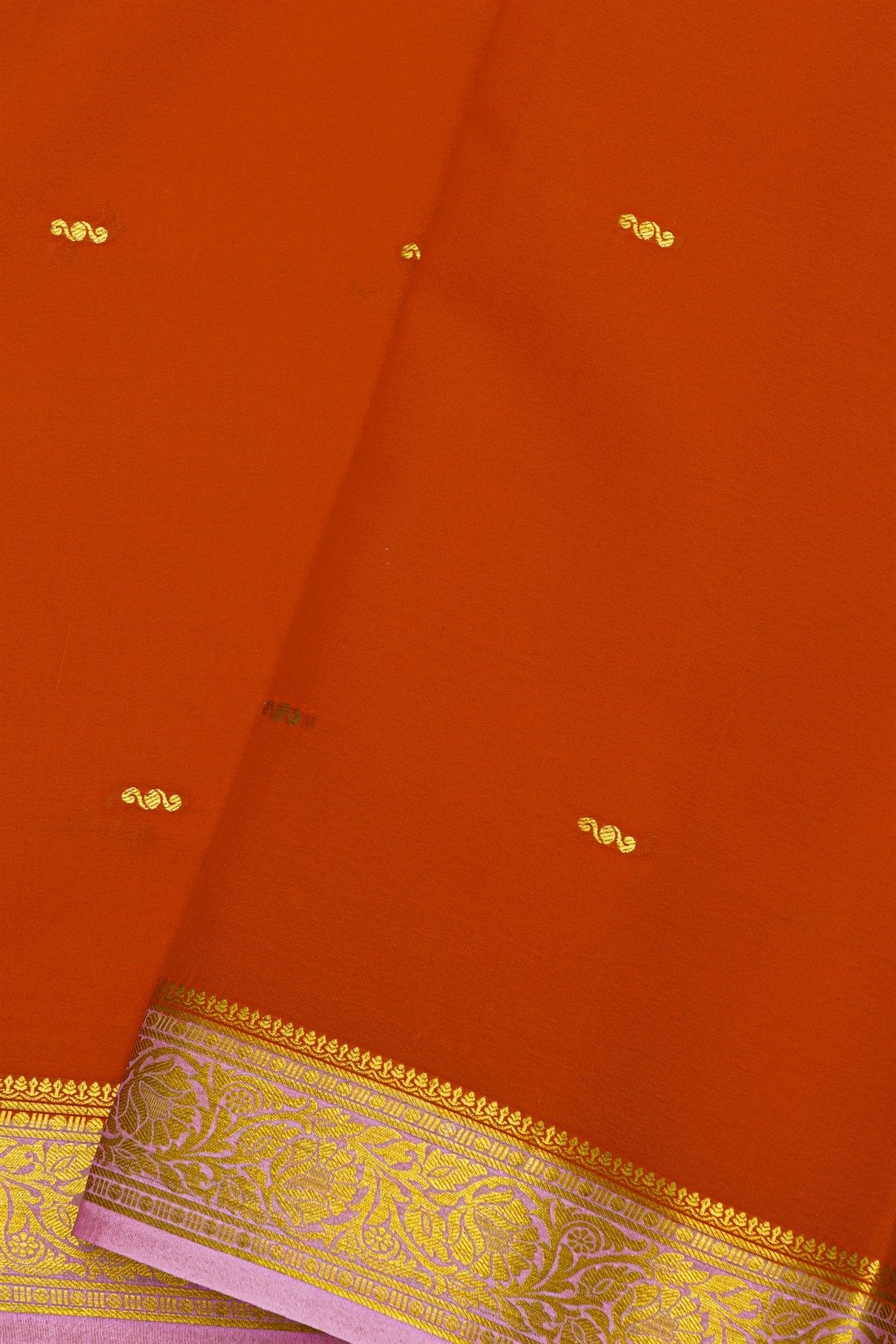 Mysore Crepe Orange Saree With Florals And Leaves Jaal Border