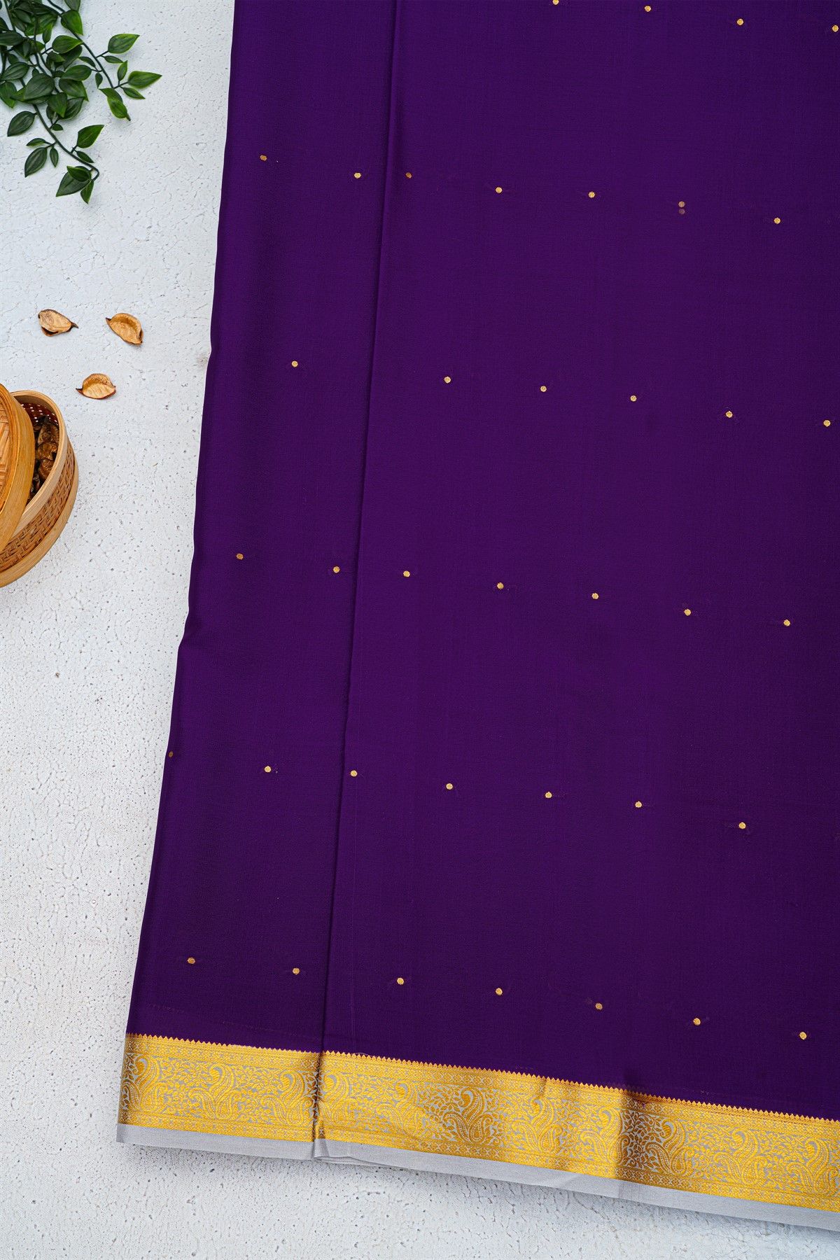 Mysore Crepe Purple Saree With Floral Leaves And Paisley Border