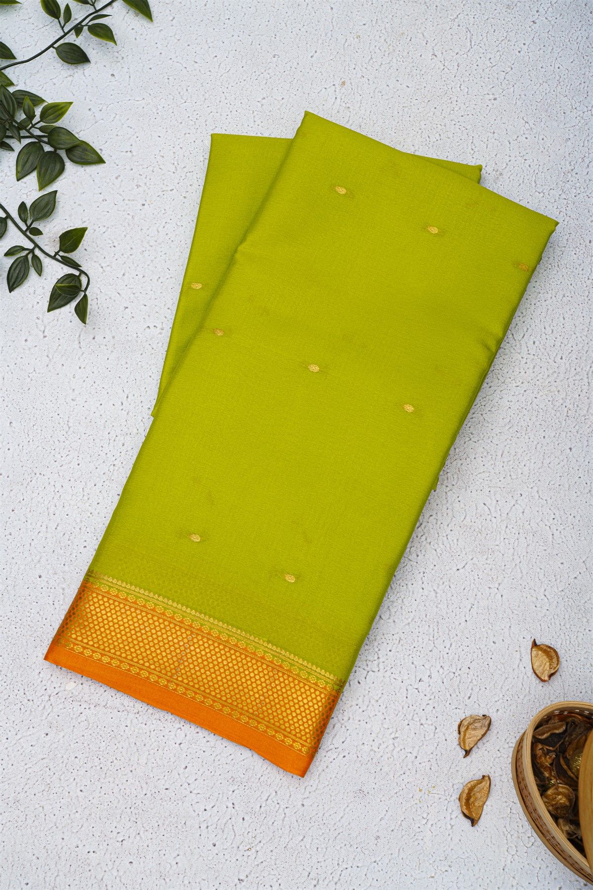 Mysore Crepe Lime Green Saree With Florals And Buttis Border