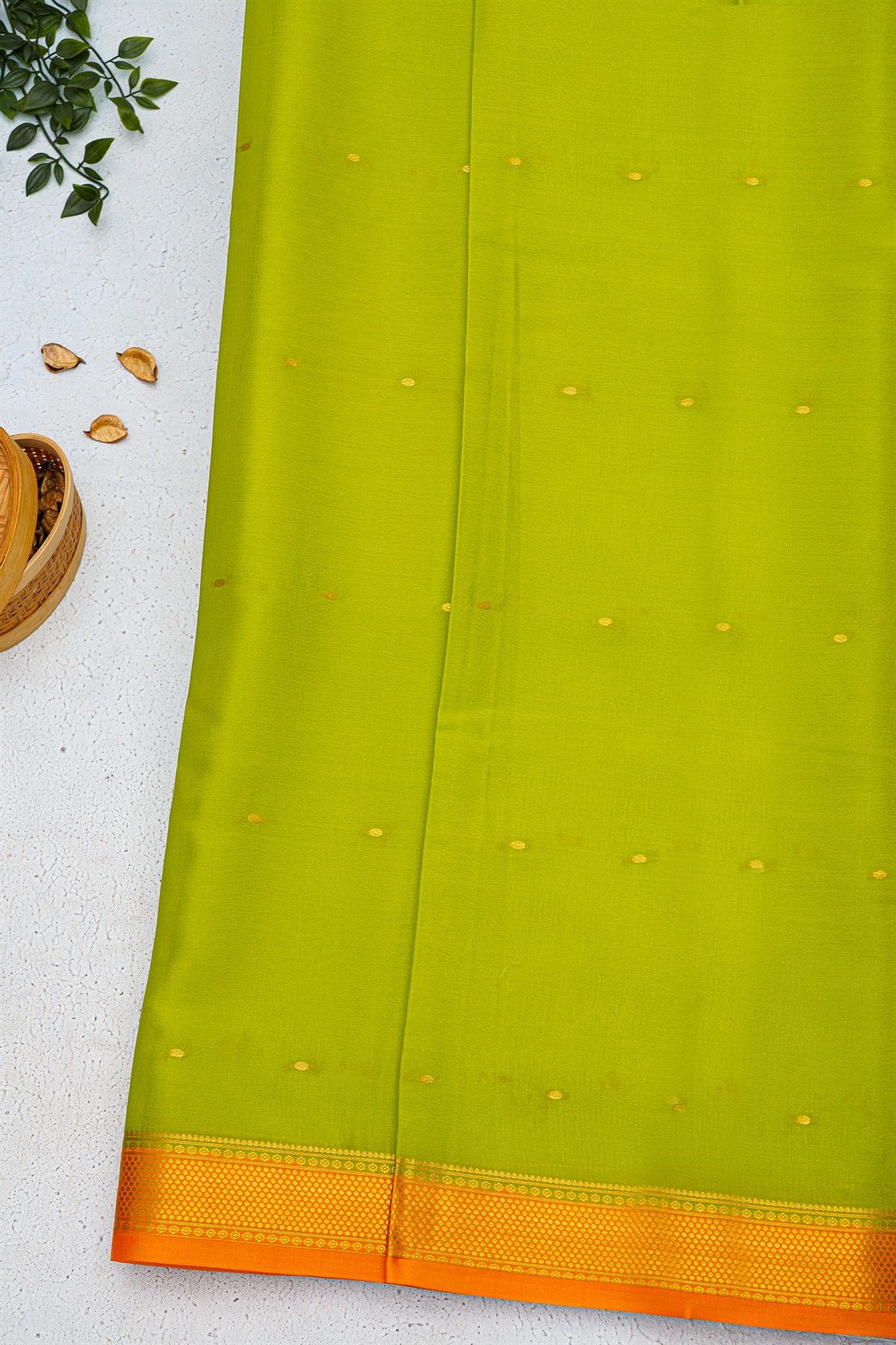Mysore Crepe Lime Green Saree With Florals And Buttis Border