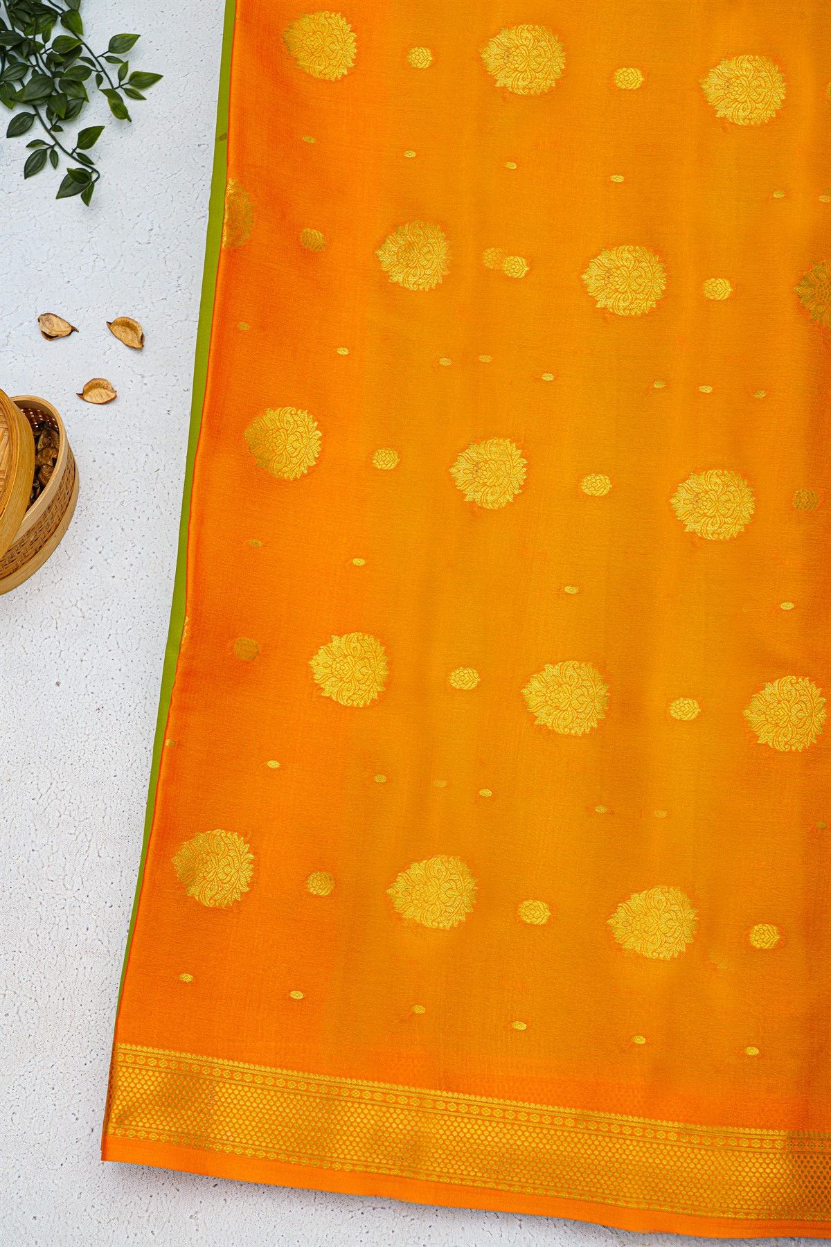 Mysore Crepe Lime Green Saree With Florals And Buttis Border