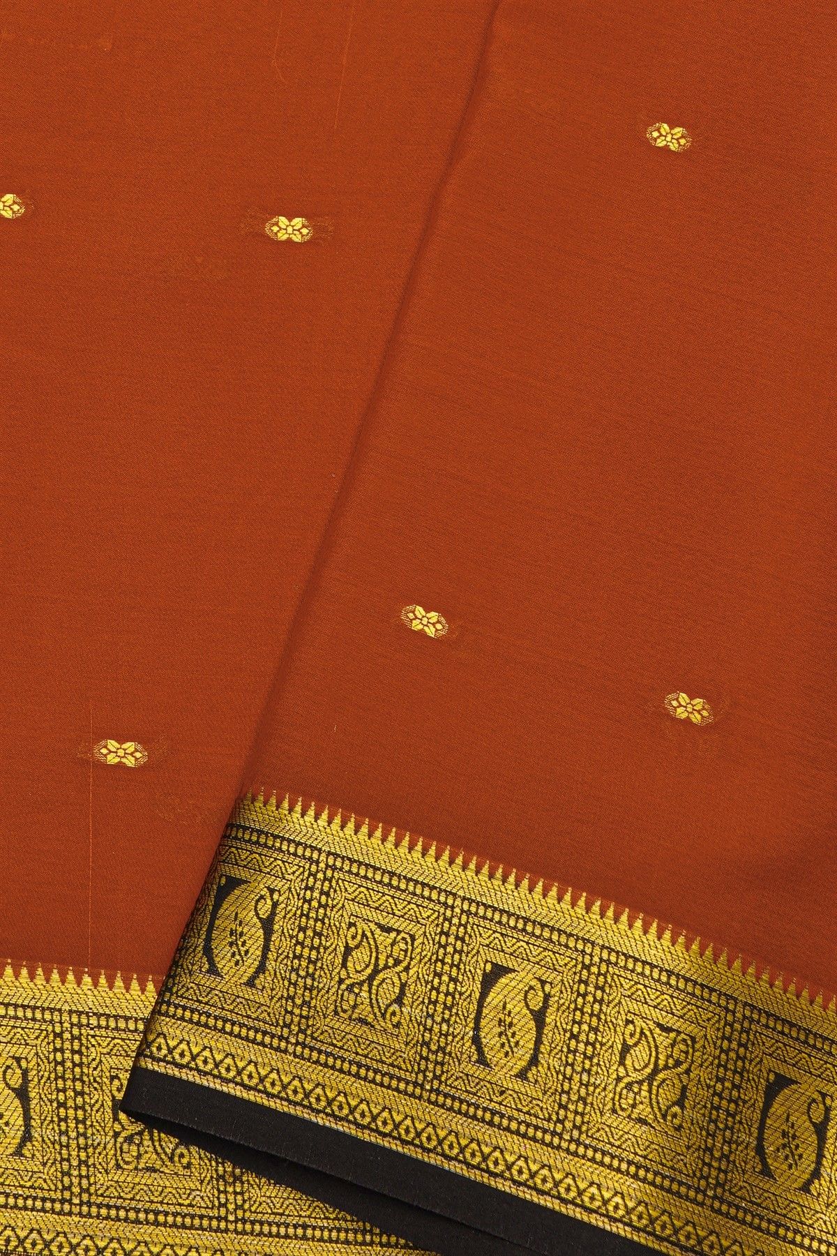 Mysore Crepe Rust Orange Saree With Florals And Paisley Box Border