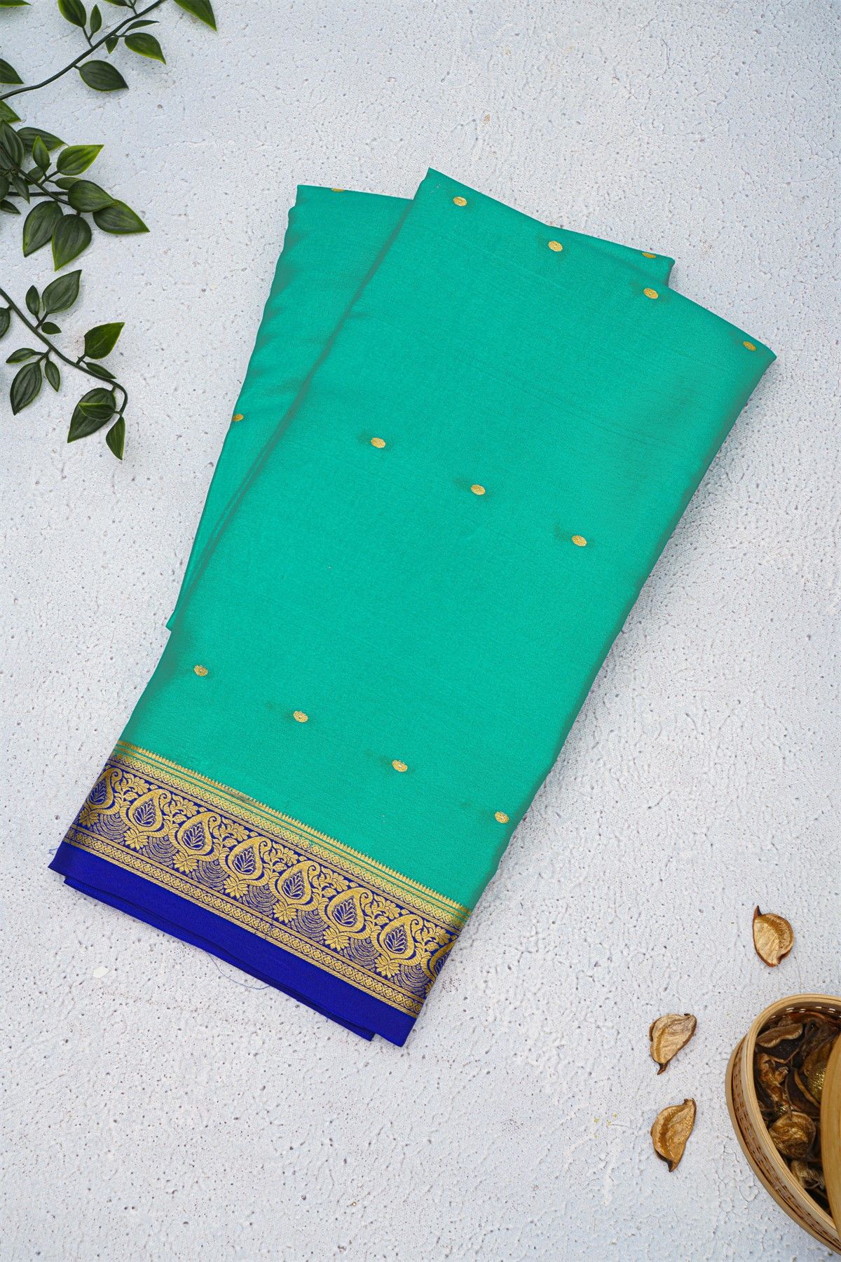 Mysore Crepe Sea Green Saree With Floral Leaves And Paisley Border