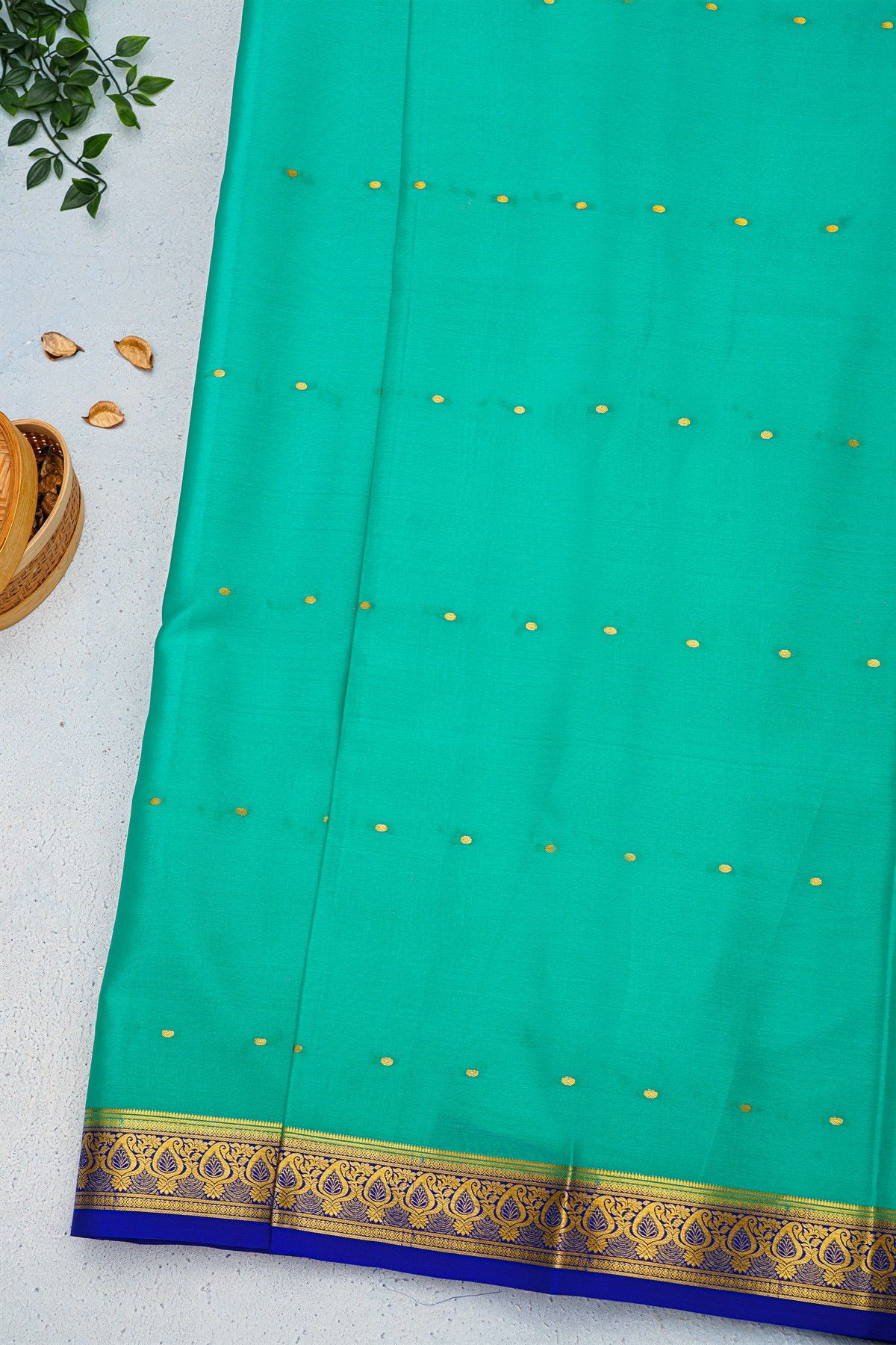 Mysore Crepe Sea Green Saree With Floral Leaves And Paisley Border