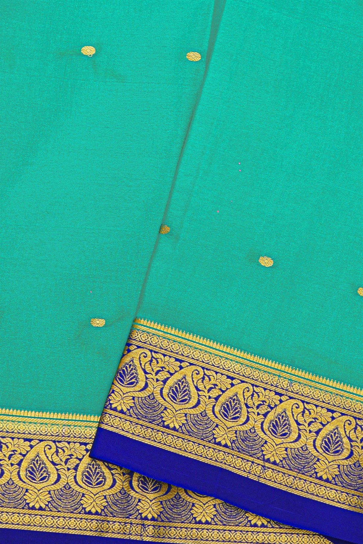 Mysore Crepe Sea Green Saree With Floral Leaves And Paisley Border