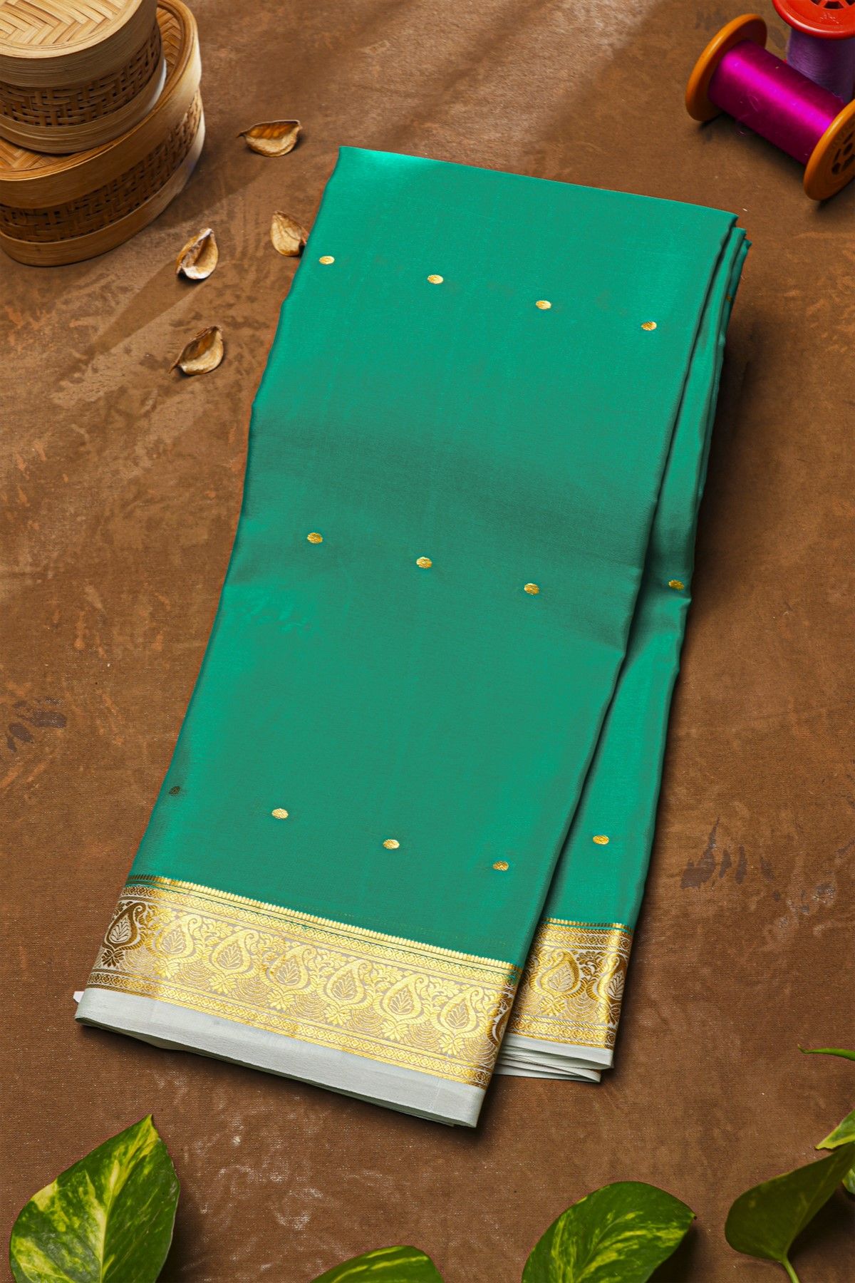 Mysore Crepe Sea Green Saree With Paisley And Florals Border