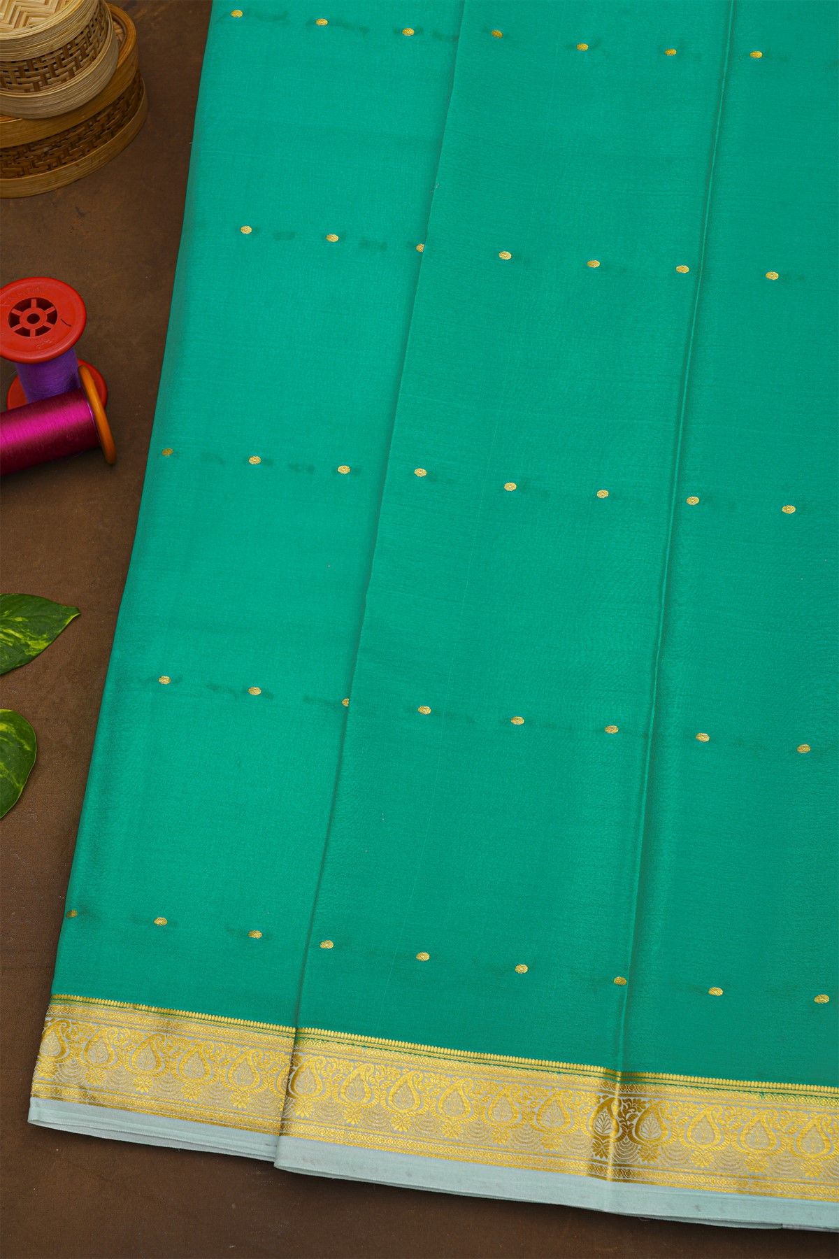 Mysore Crepe Sea Green Saree With Paisley And Florals Border