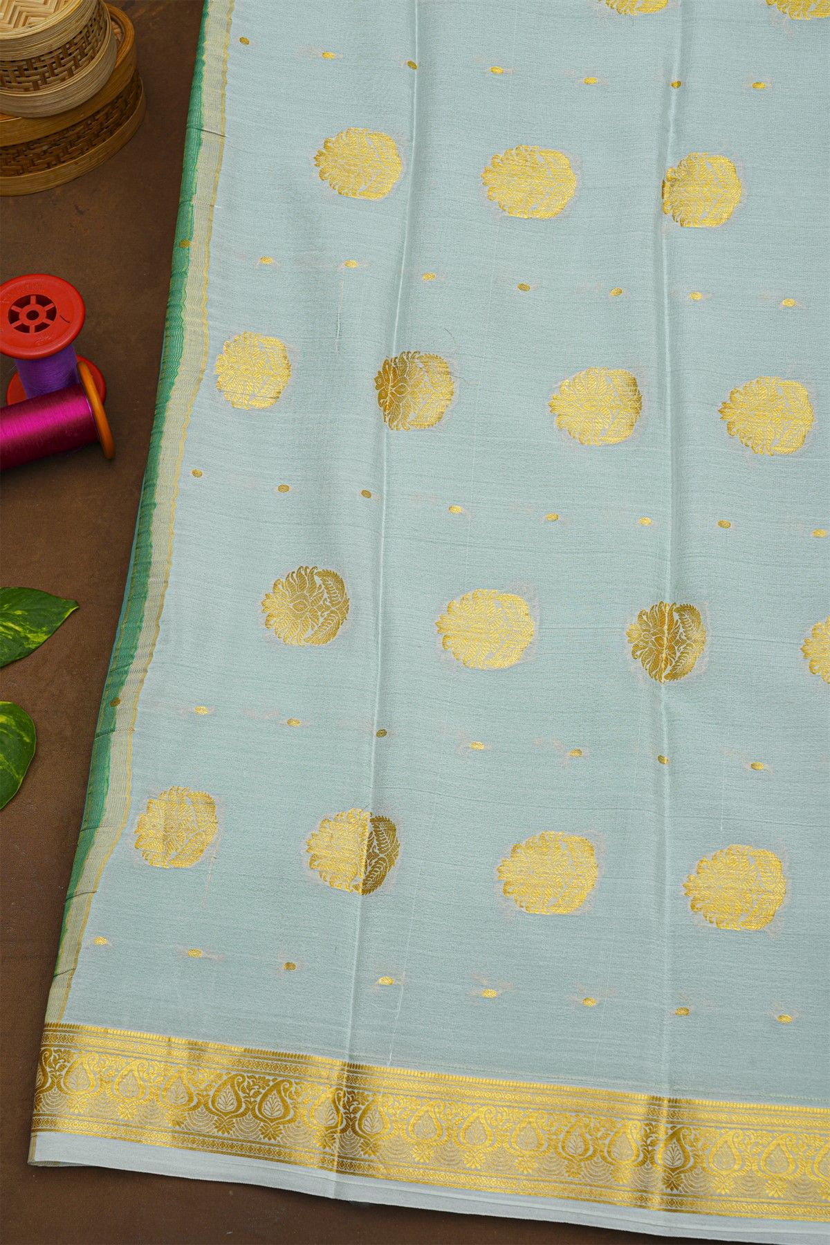 Mysore Crepe Sea Green Saree With Paisley And Florals Border