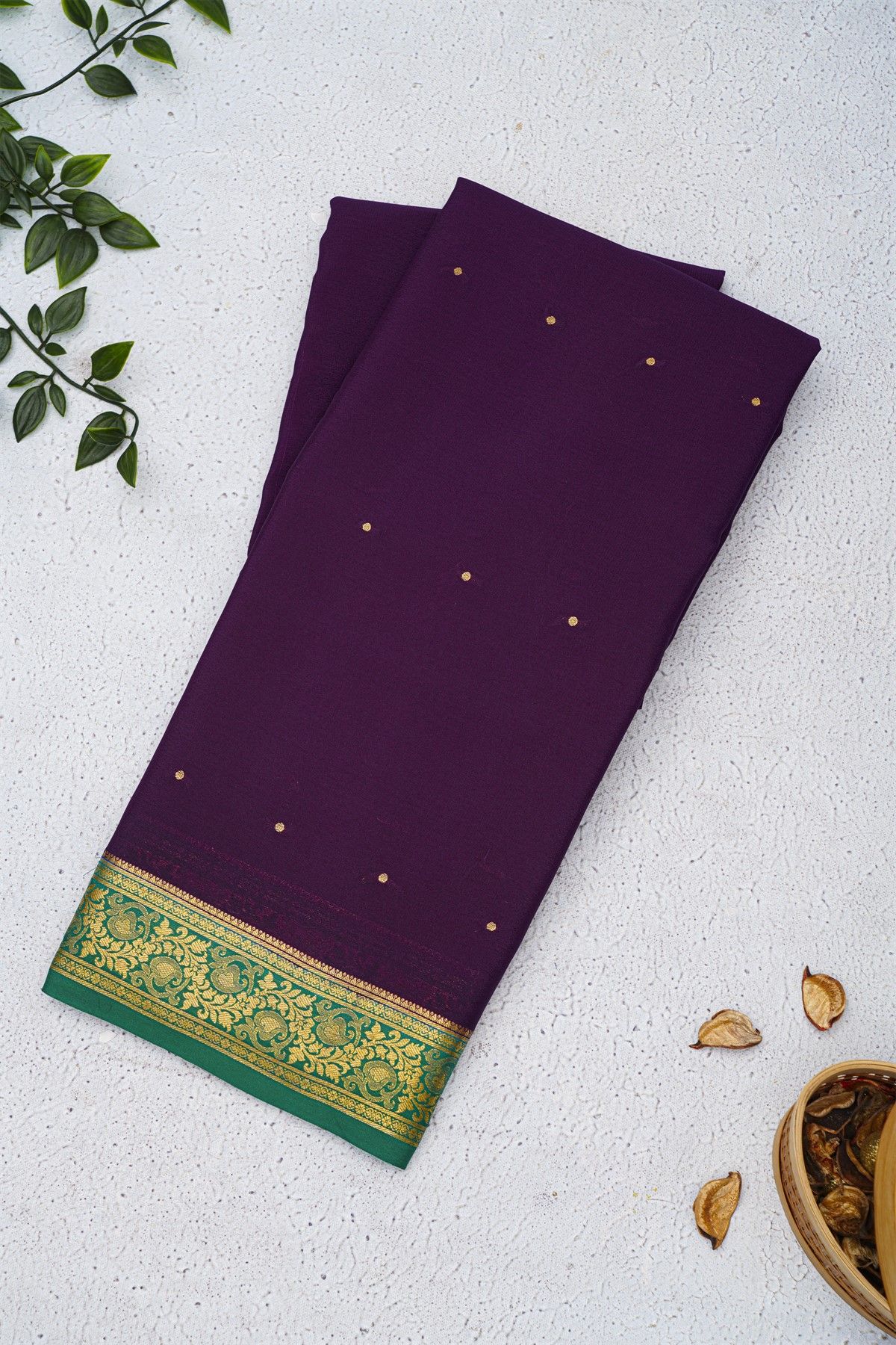 Mysore Crepe Dark Purple Saree With Florals And Leaves Jaal Border