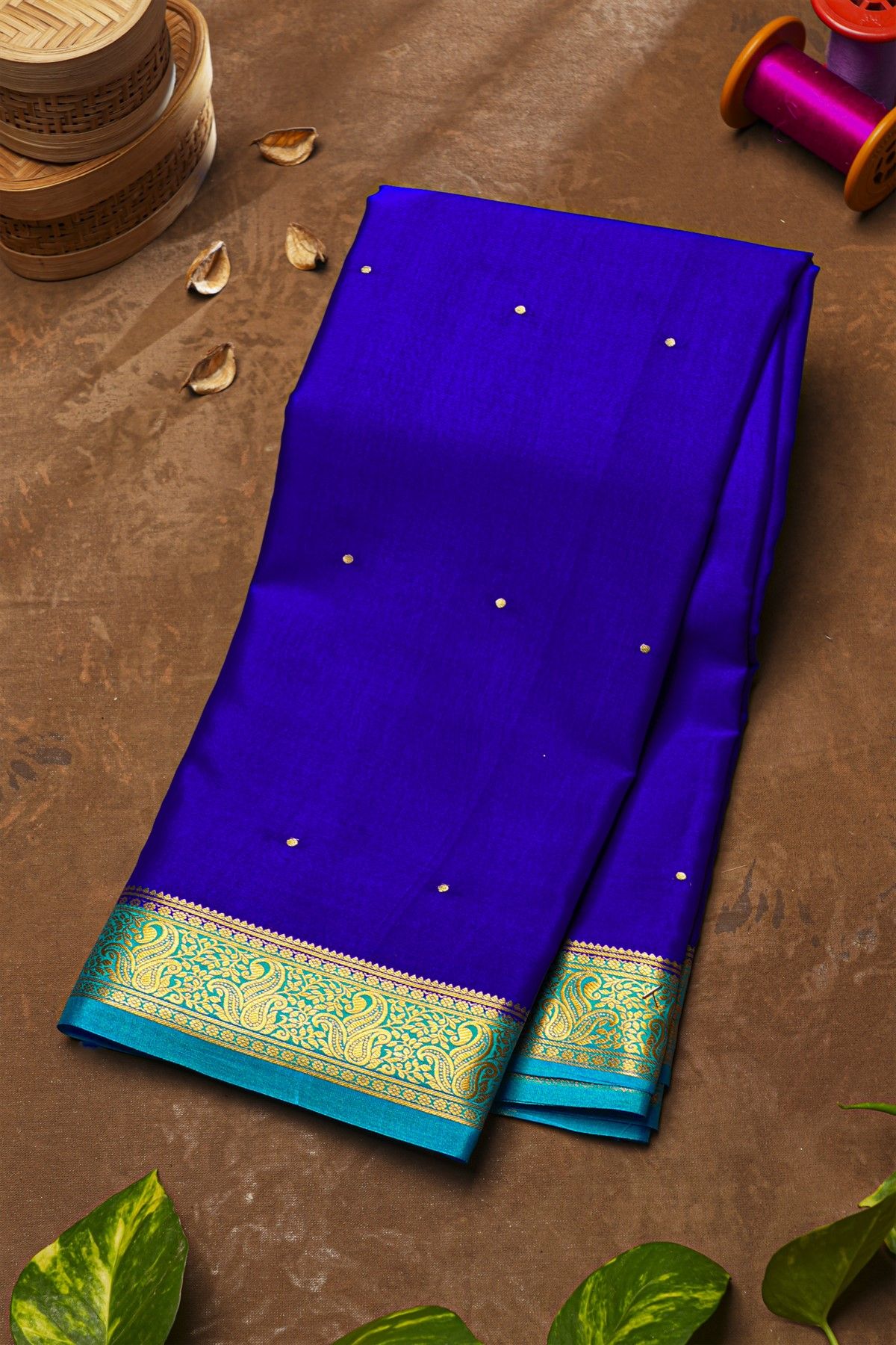 Mysore Crepe Royal Blue Saree With Florals And Leaves Border