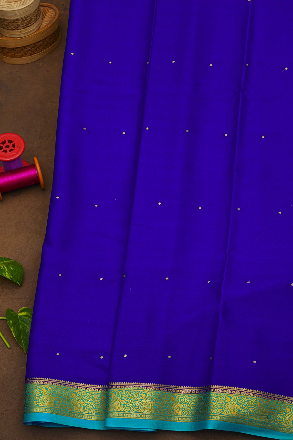 Mysore Crepe Royal Blue Saree With Florals And Leaves Border
