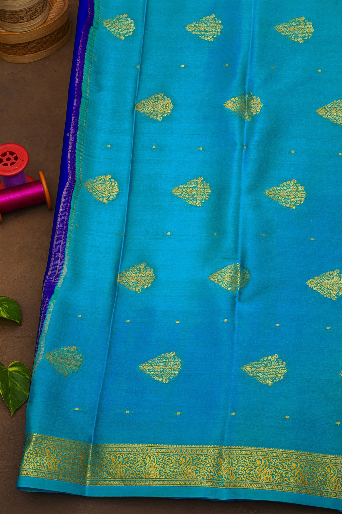 Mysore Crepe Royal Blue Saree With Florals And Leaves Border