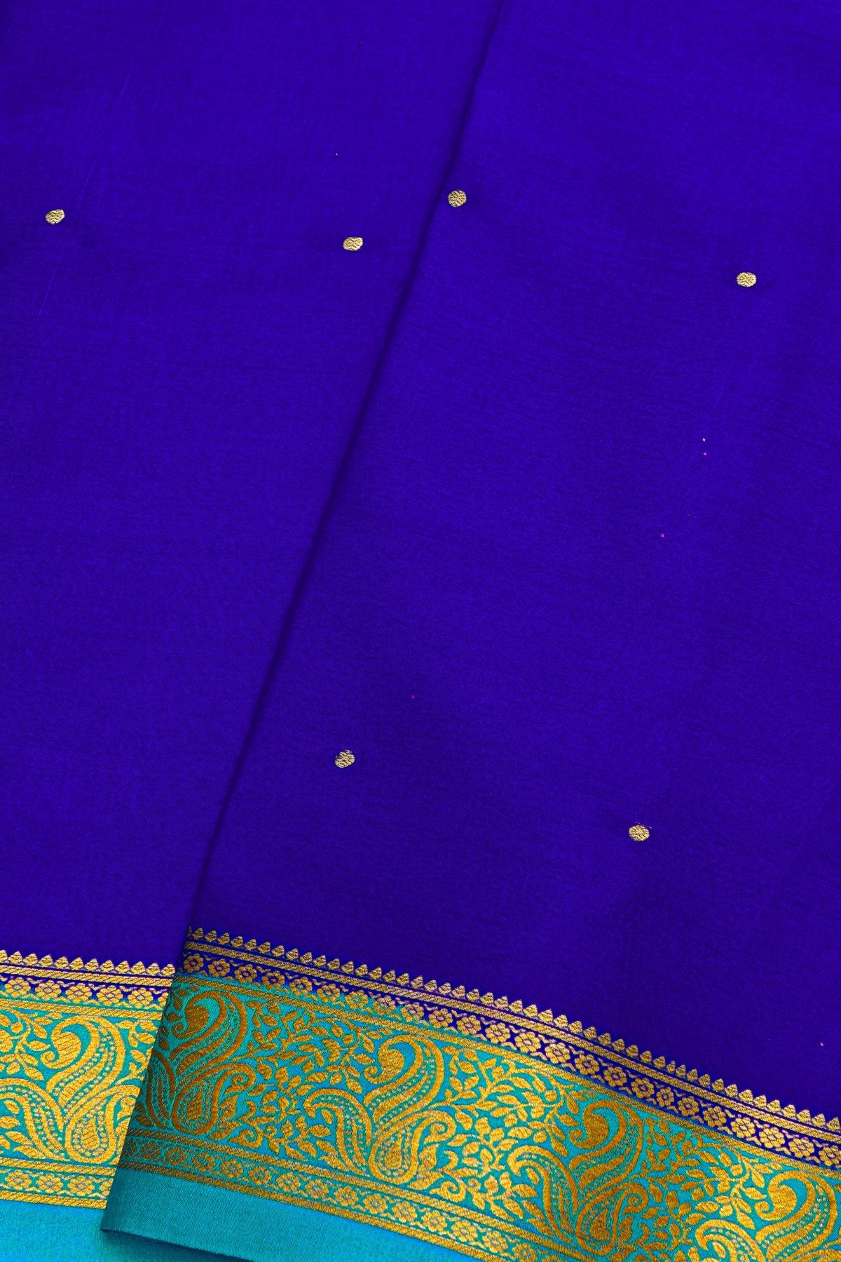 Mysore Crepe Royal Blue Saree With Florals And Leaves Border