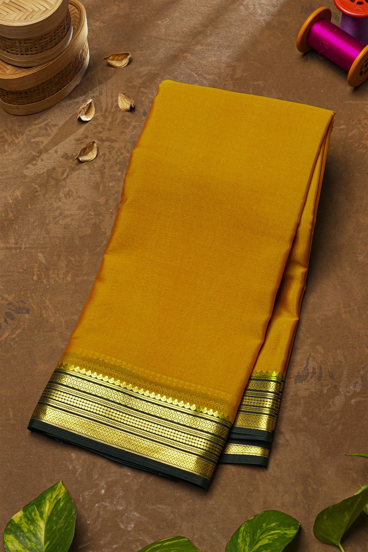 Mysore Crepe Mustard Yellow Saree With Zari Lines In Zari Work Border