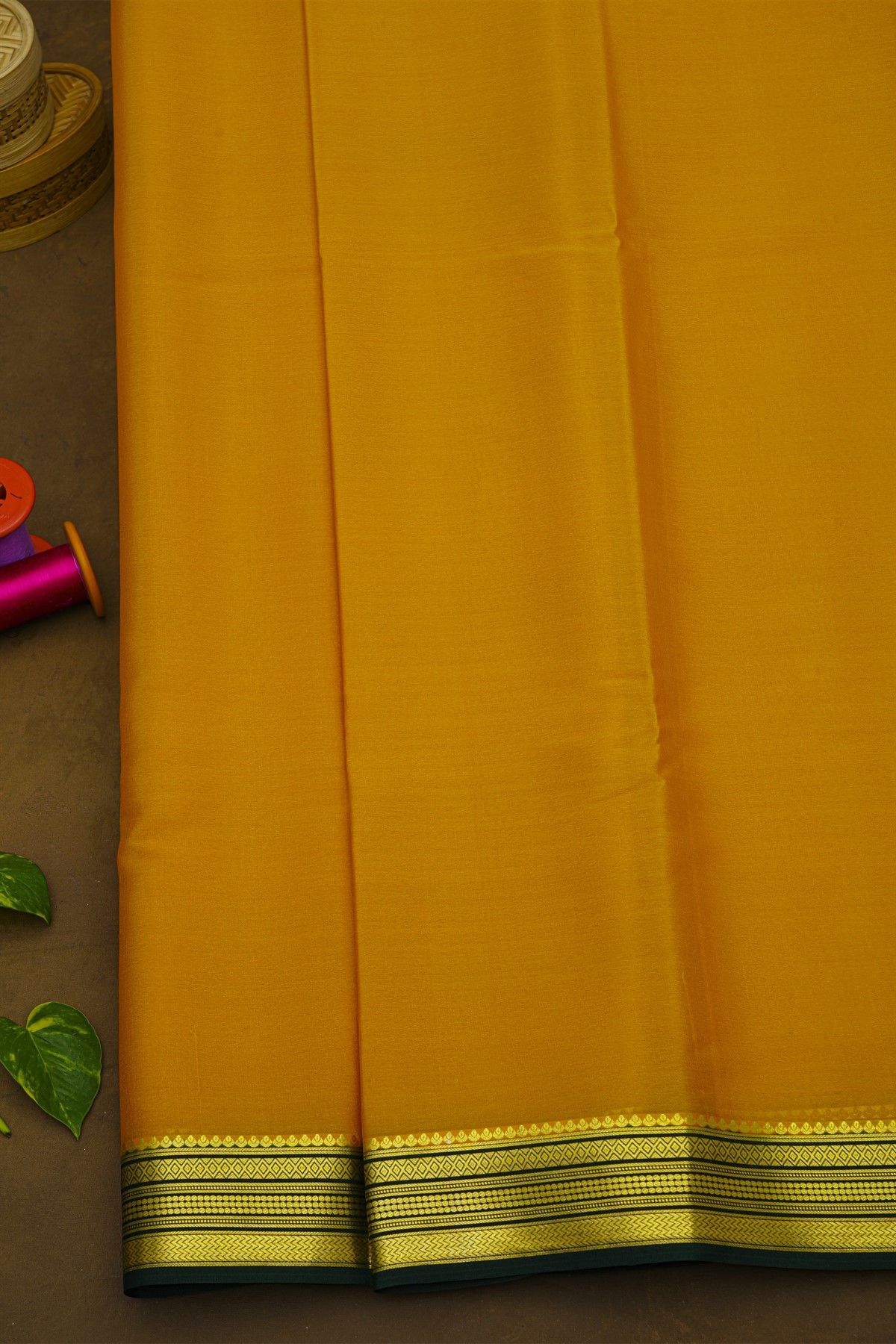Mysore Crepe Mustard Yellow Saree With Zari Lines In Zari Work Border