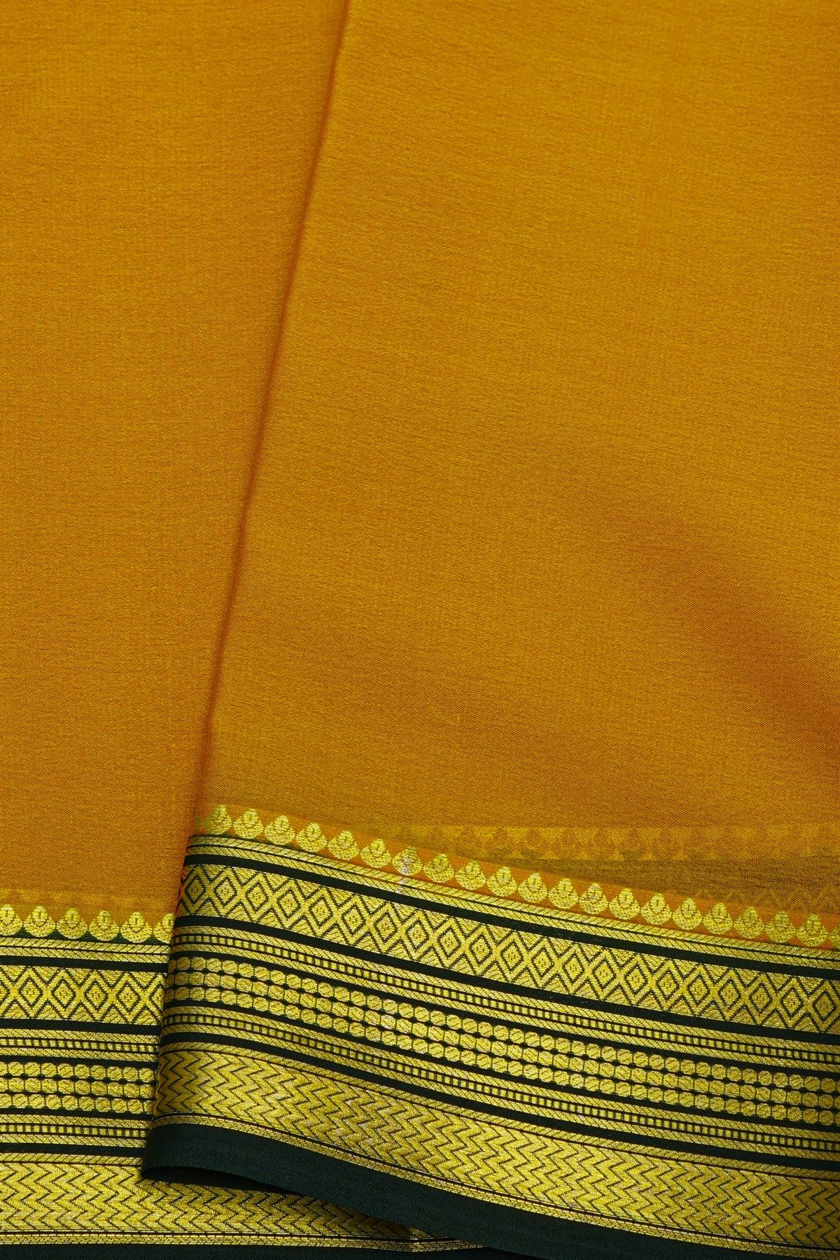 Mysore Crepe Mustard Yellow Saree With Zari Lines In Zari Work Border