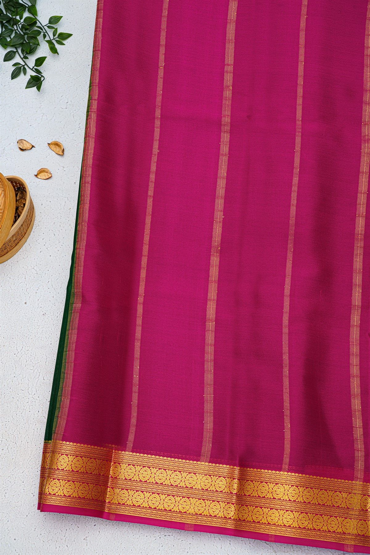 Mysore Crepe Bottle Green Saree With Florals And Buttis Border