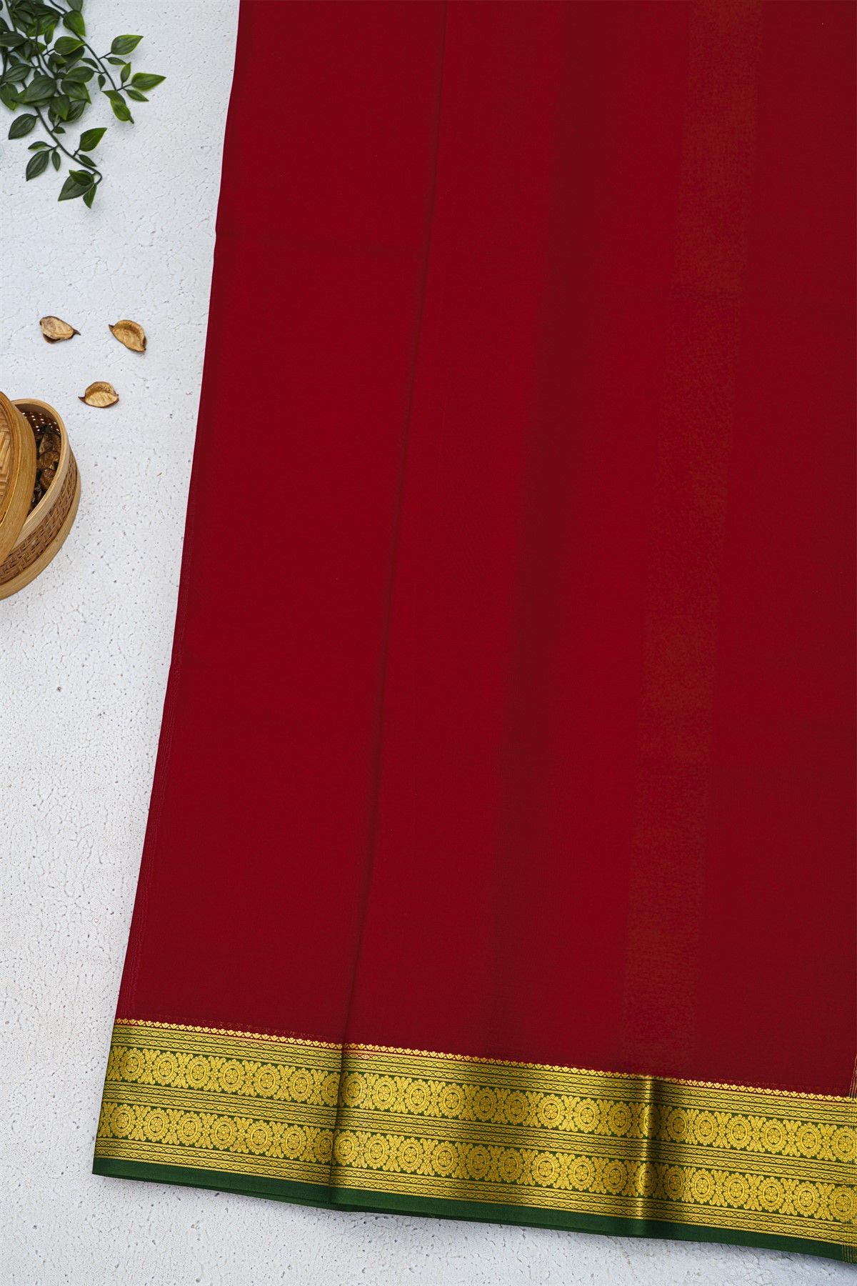 Mysore Crepe Red Saree With Floral And Buttis Border