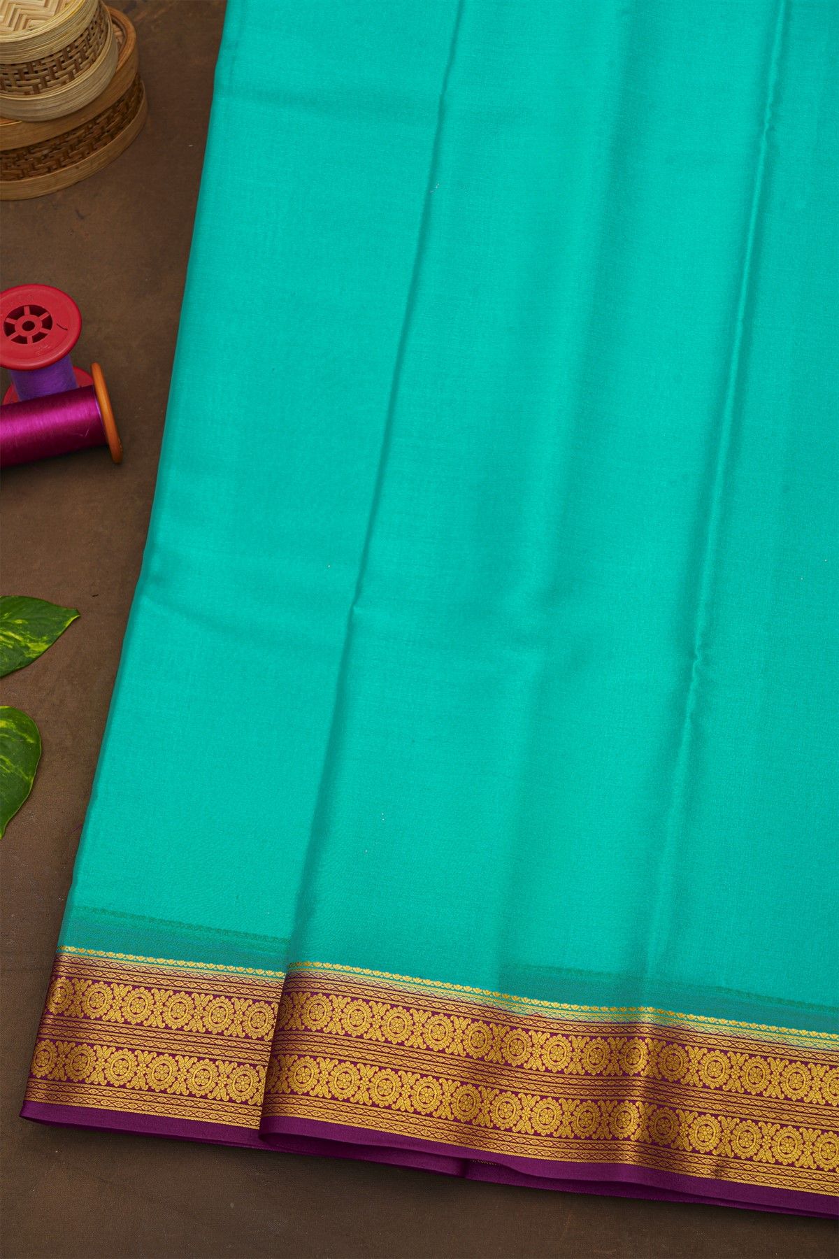 Mysore Crepe Sky Blue Saree With Florals In Zari Border