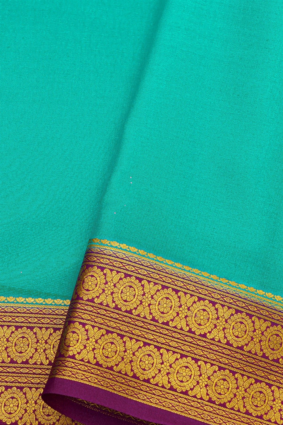 Mysore Crepe Sky Blue Saree With Florals In Zari Border