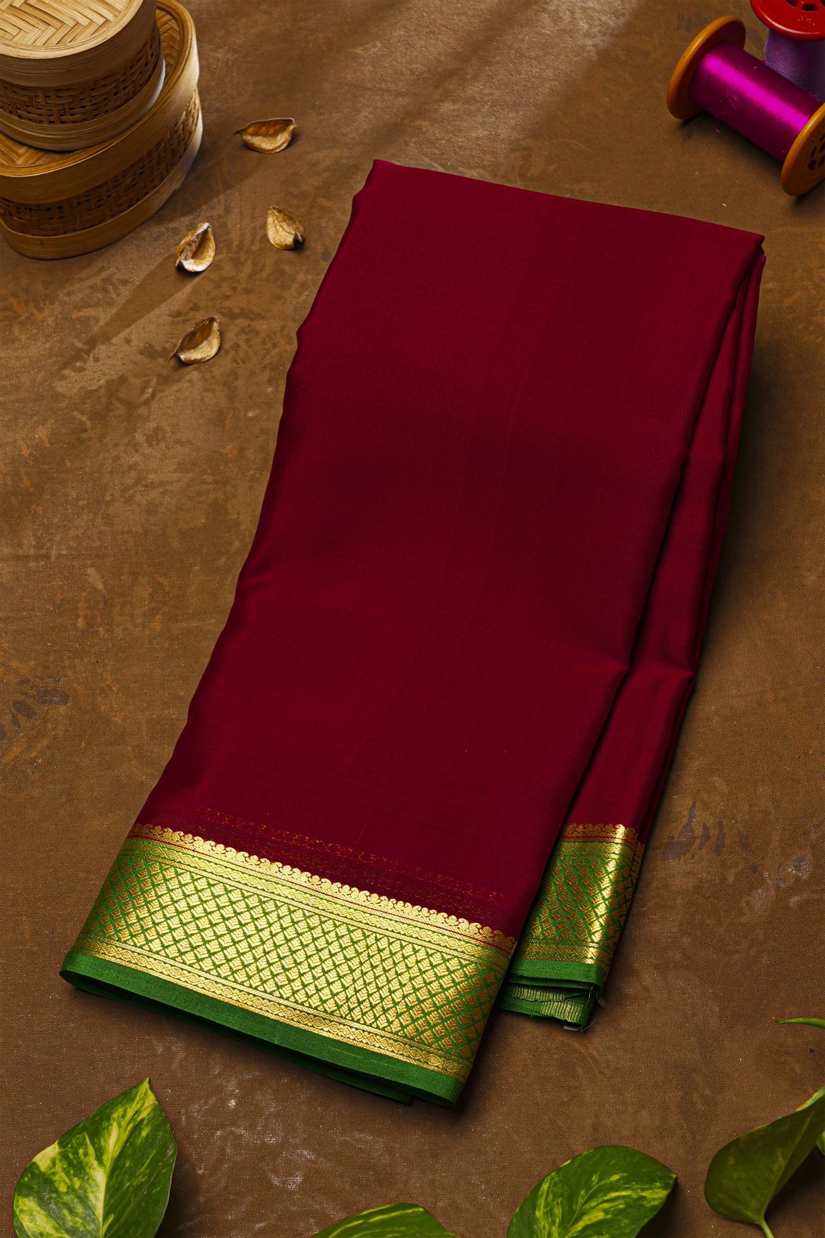 Mysore Crepe Maroon Saree With Floral Border