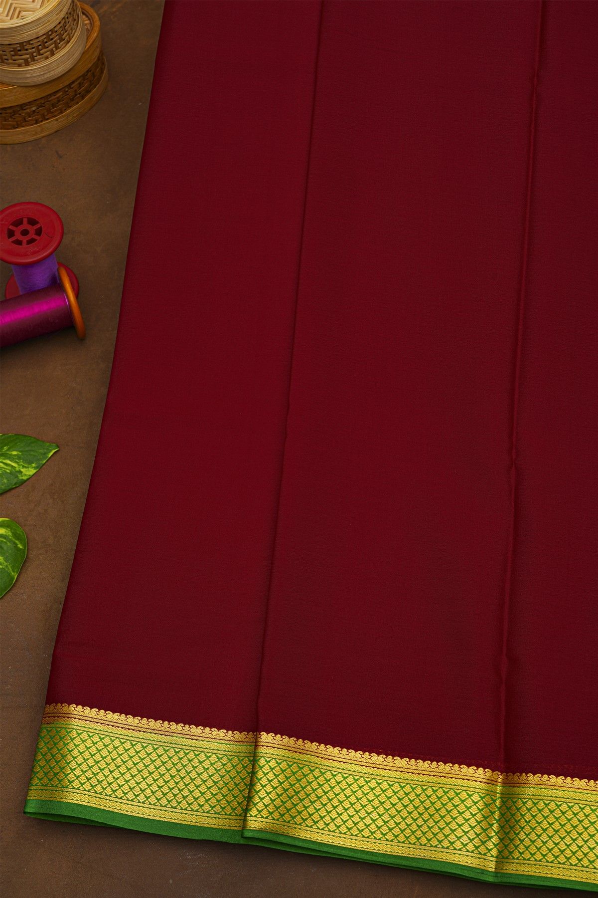 Mysore Crepe Maroon Saree With Floral Border
