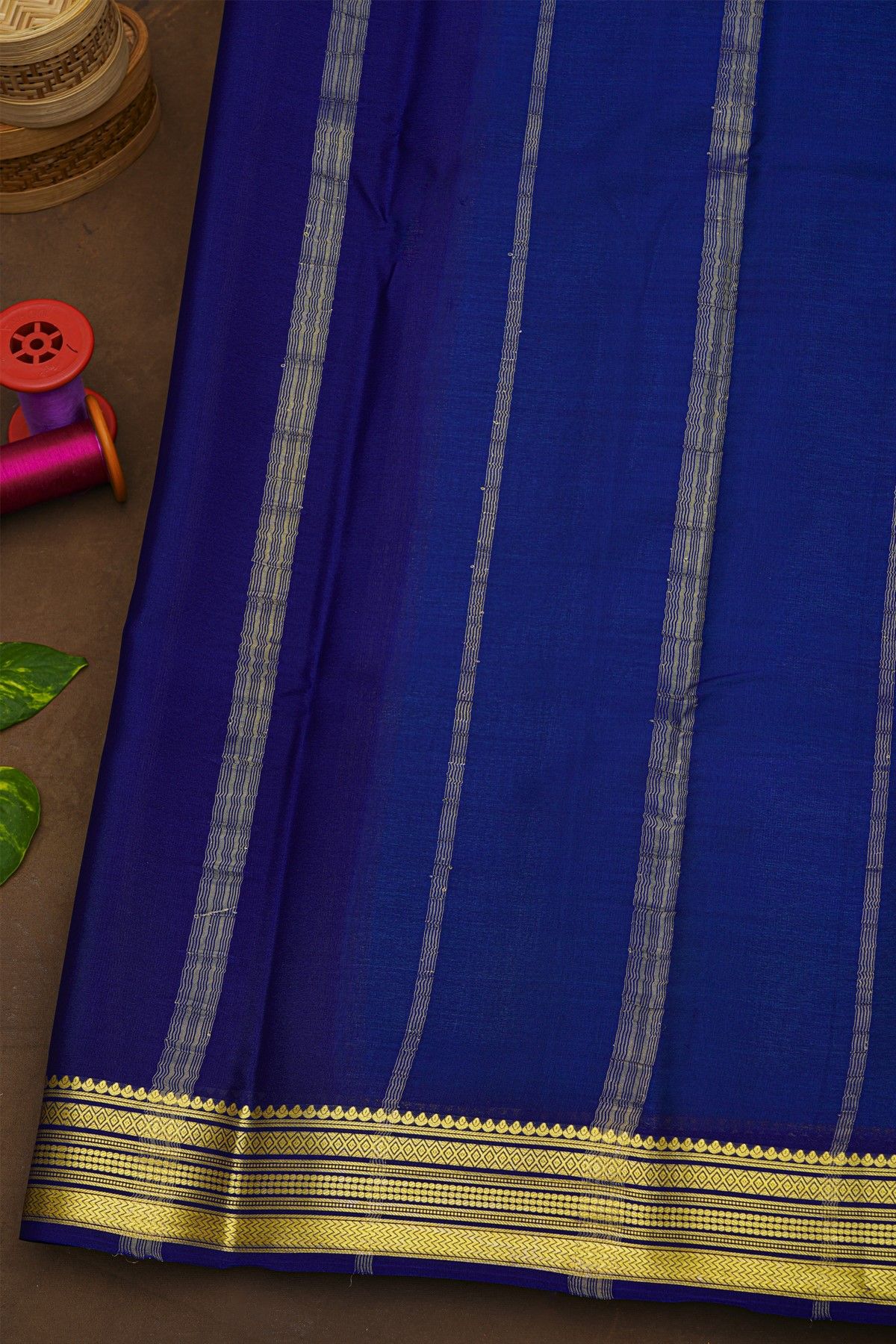 Mysore Crepe Sky Blue Saree With Florals And Zari Lines Border