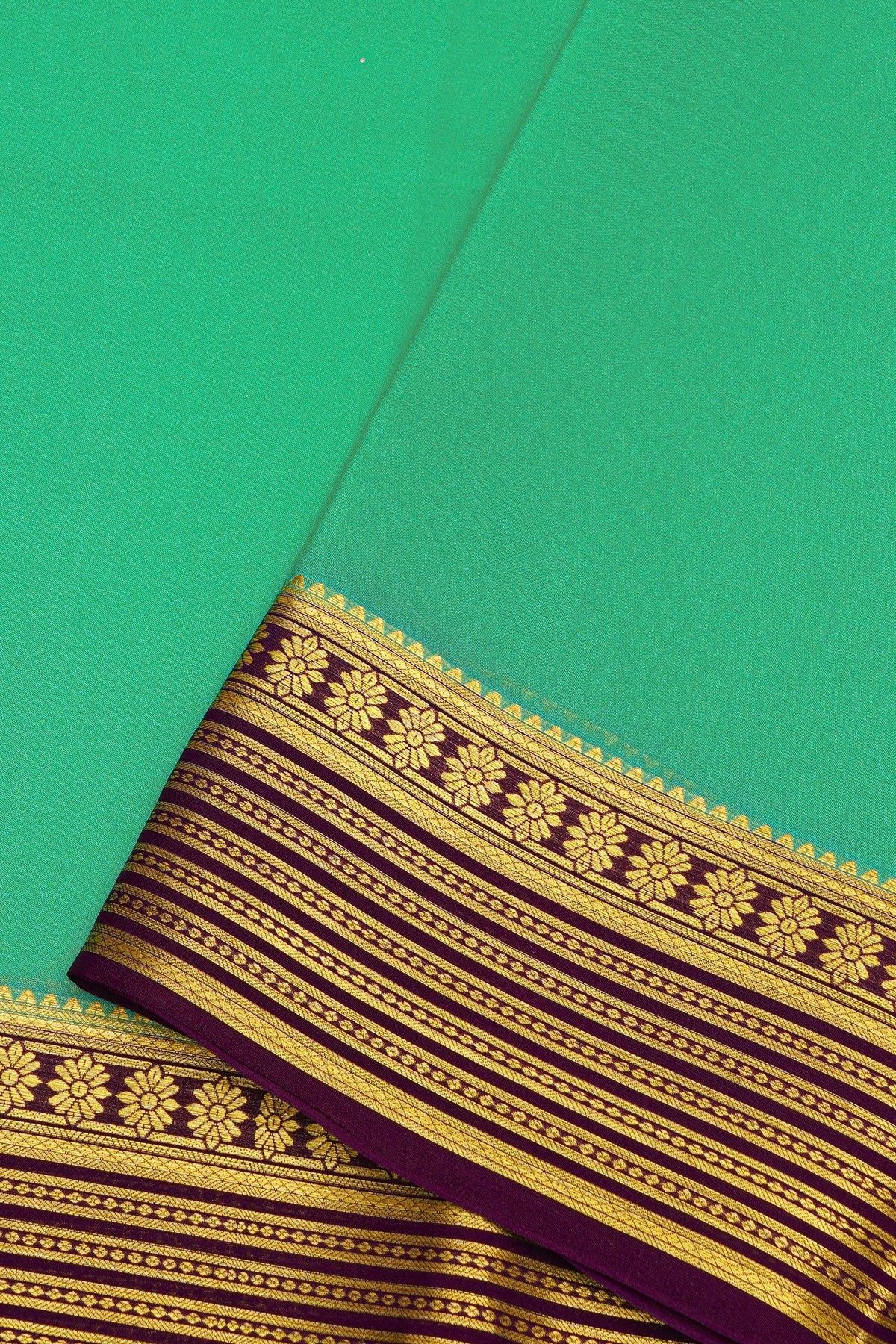 Mysore Crepe Sea Green Saree With Florals And Zari Lines Border