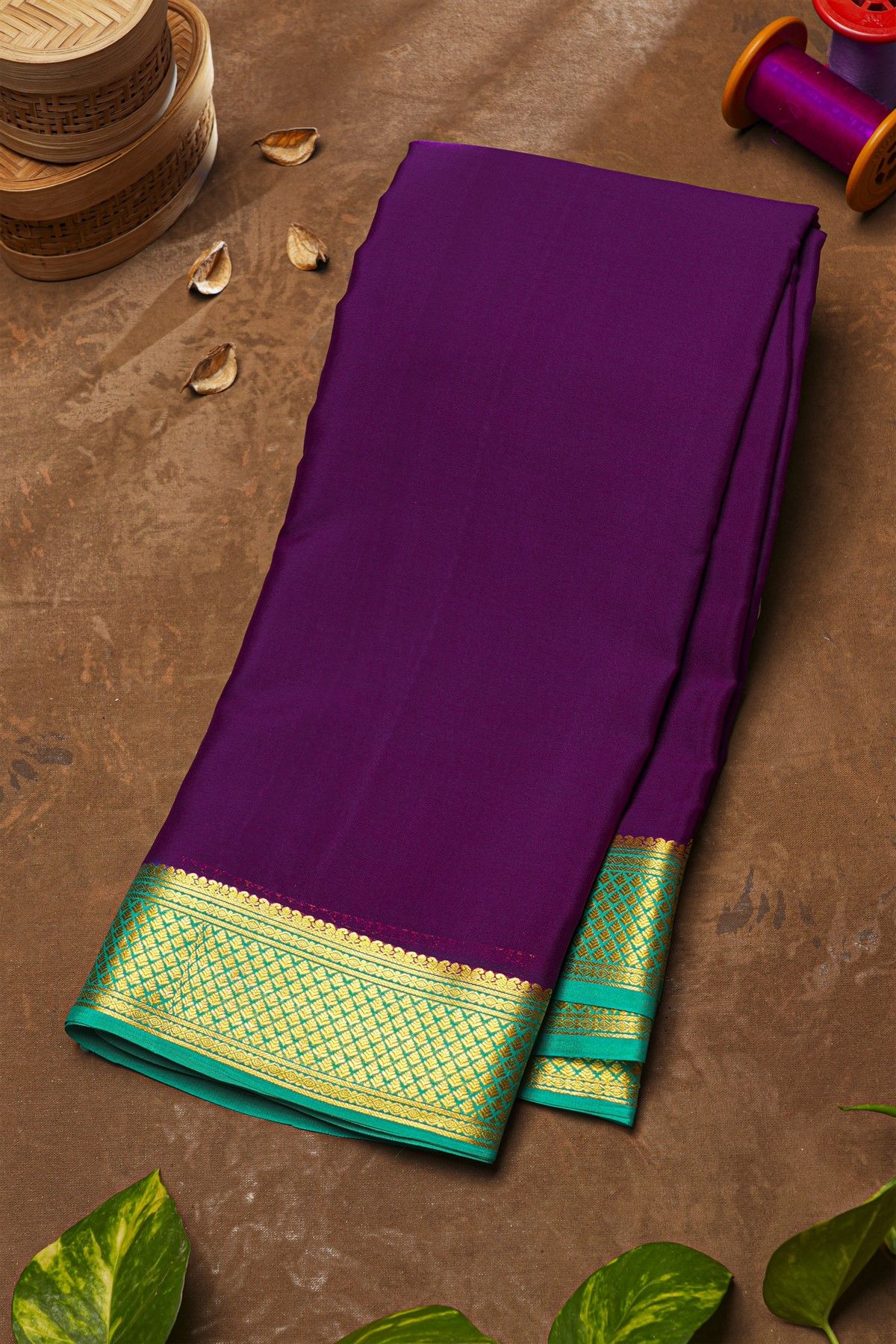 Mysore Crepe Purple Saree With Florals And Leaves Border