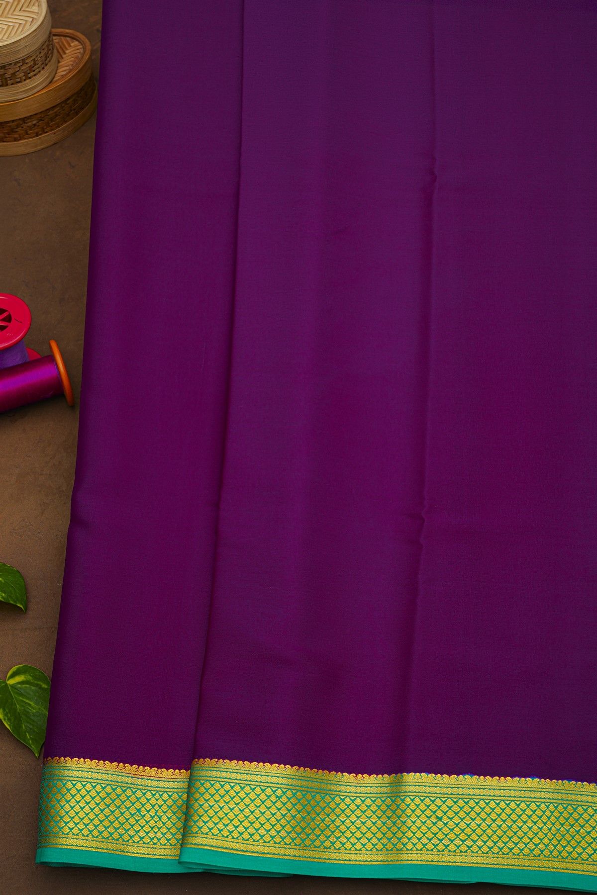 Mysore Crepe Purple Saree With Florals And Leaves Border