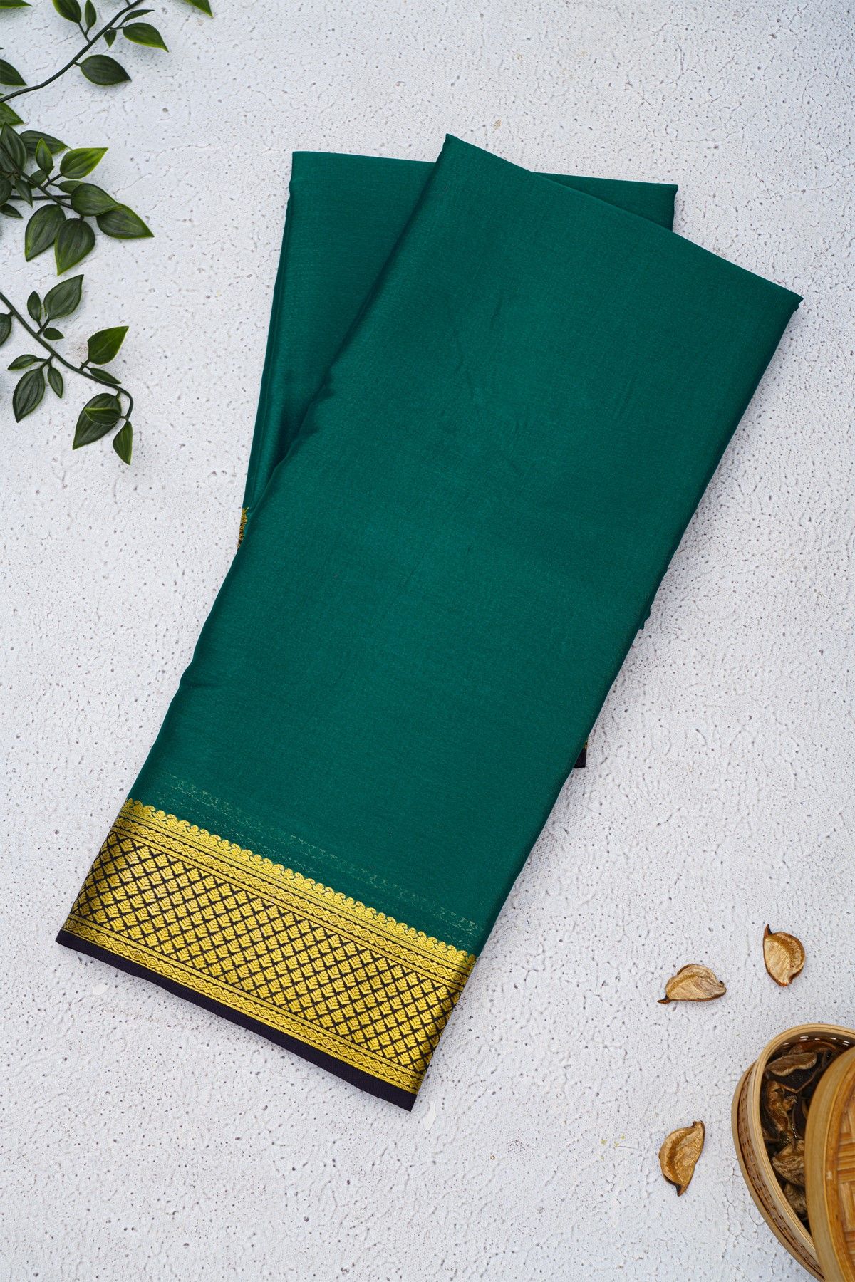 Mysore Crepe Teal Green Saree With Floral And Buttis Border
